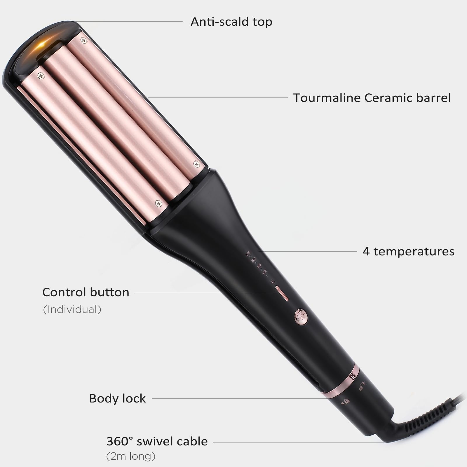 janelove 4-in-1 hair crimper, waver, beach waves curling iron showing various barrel attachments for different styling options