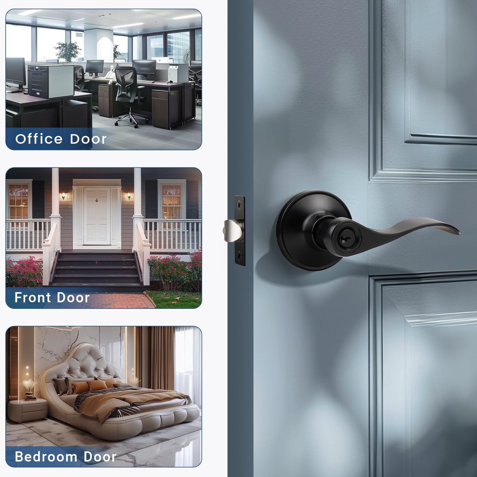 Knobonly 3-pack matte black bathroom and bedroom door locks with keyed handles, suitable for front or interior doors.