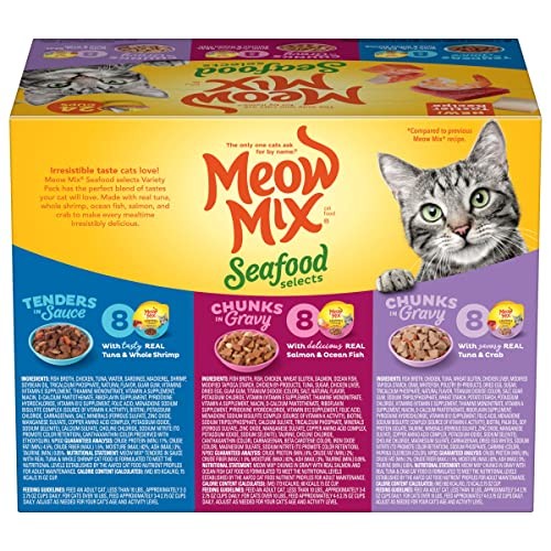 Meow Mix seafood wet cat food bundle with 48 packs of 2.75oz each, showing tender seafood portions in individual packs.
