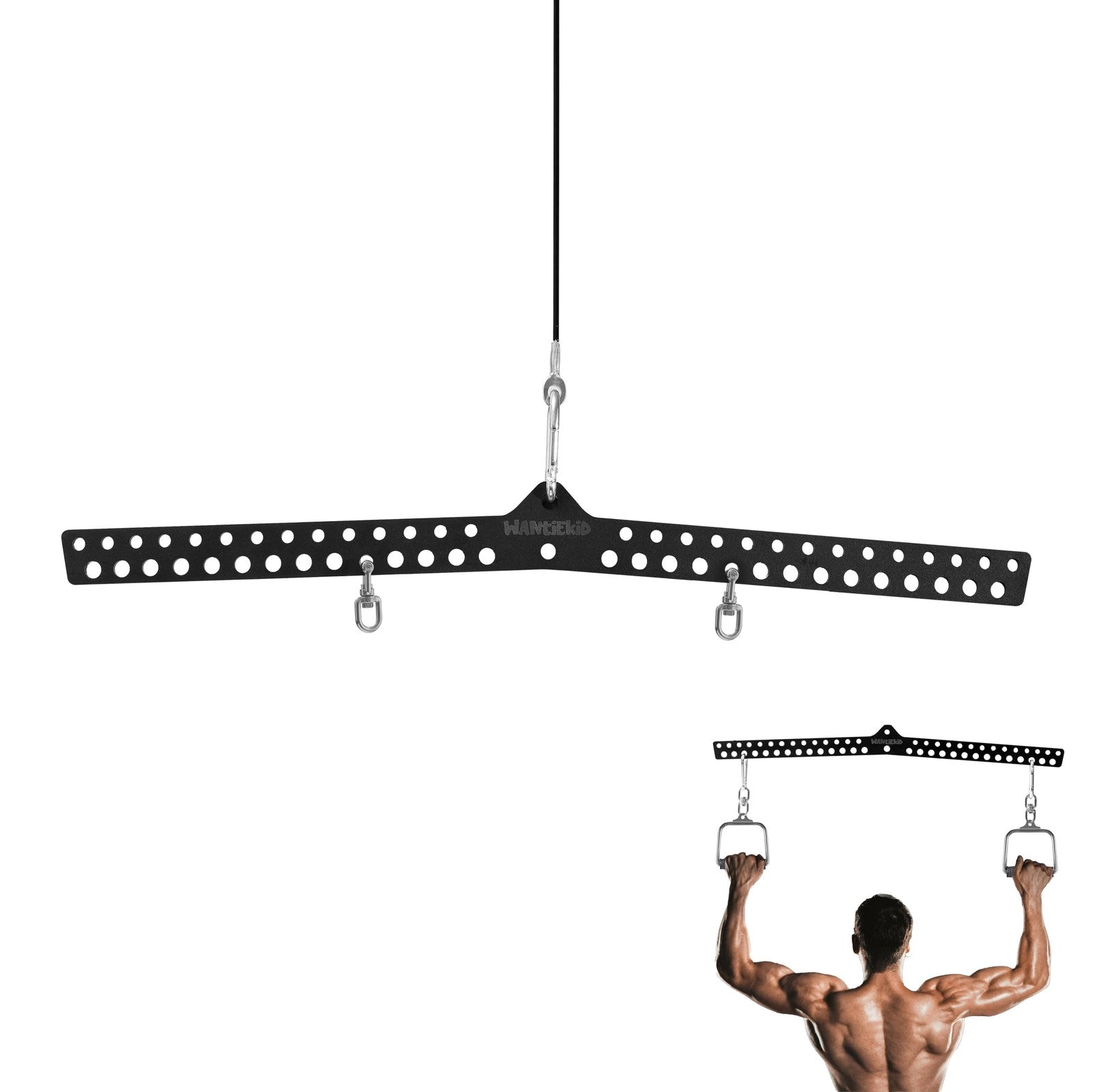 Wantiekid multi-grip LAT pull down bar with 360° rotating adapter, 32-inch gym cable attachment for strength training.