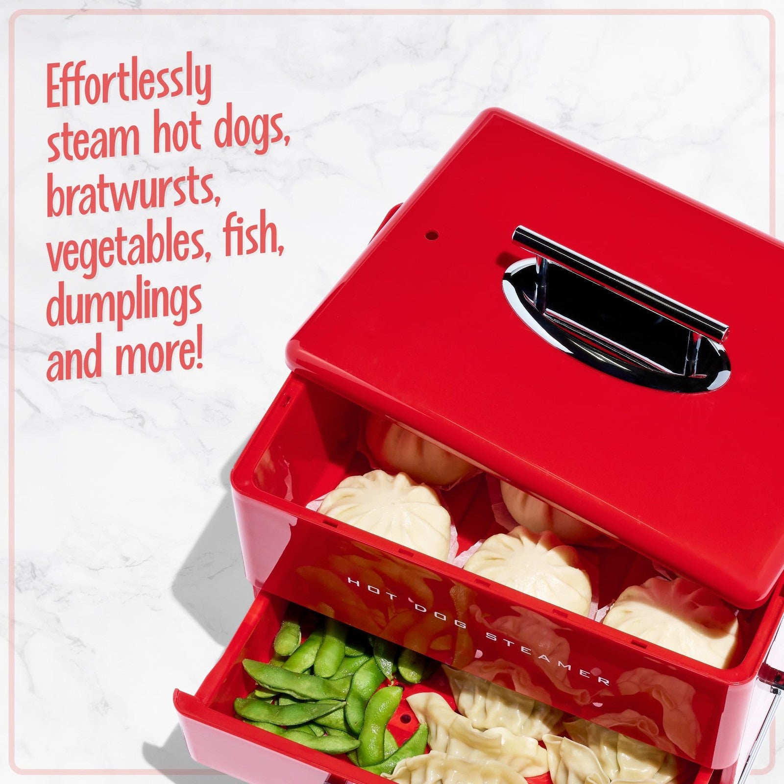 Nostalgia extra large diner-style hot dog steamer with 20 hot dogs and 6 buns capacity, stainless steel, restaurant-grade kitchen appliance