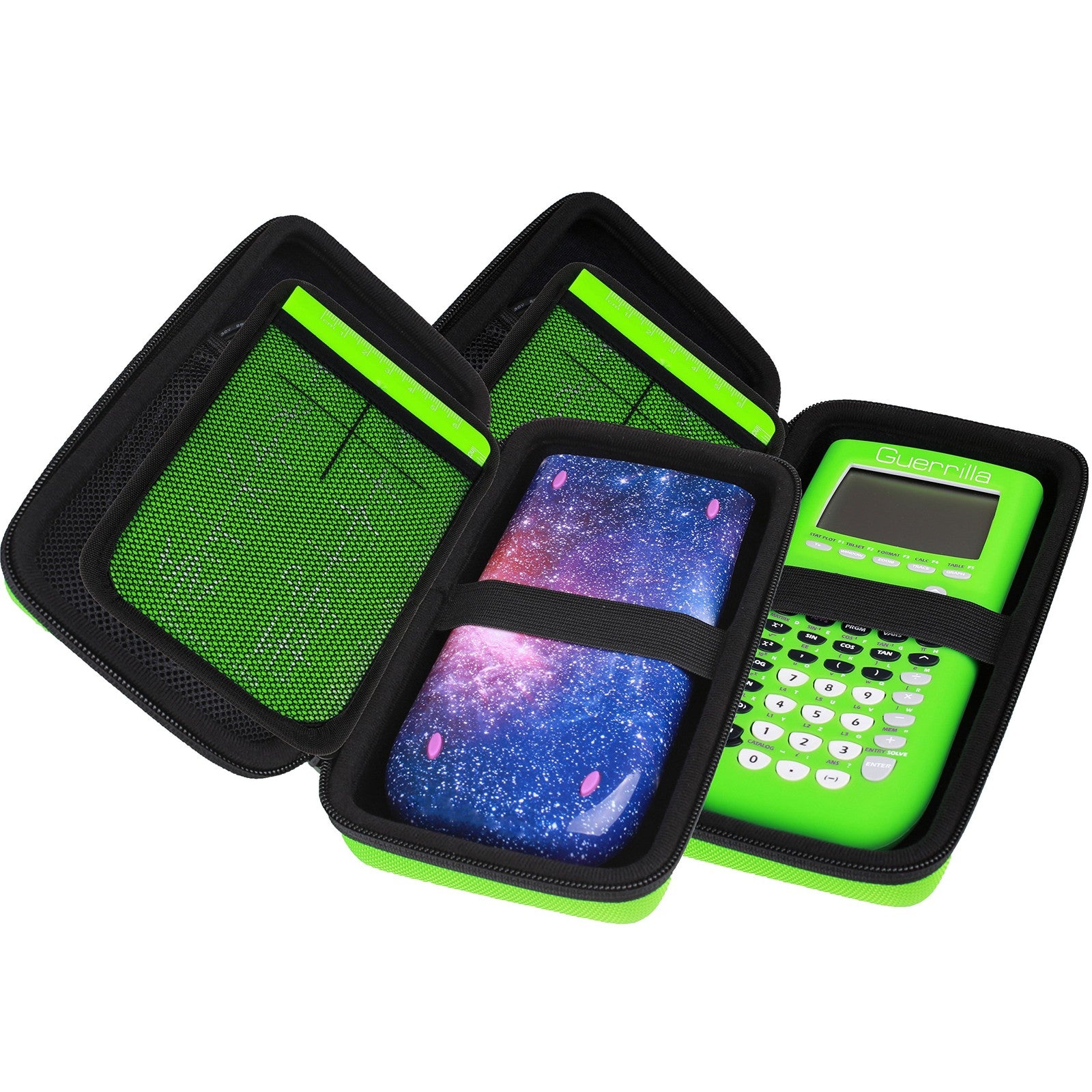 Guerrilla hard travel case for TI-83 Plus, TI-84 Plus, and TI-84 Plus Color Edition graphing calculators, black protective storage.
