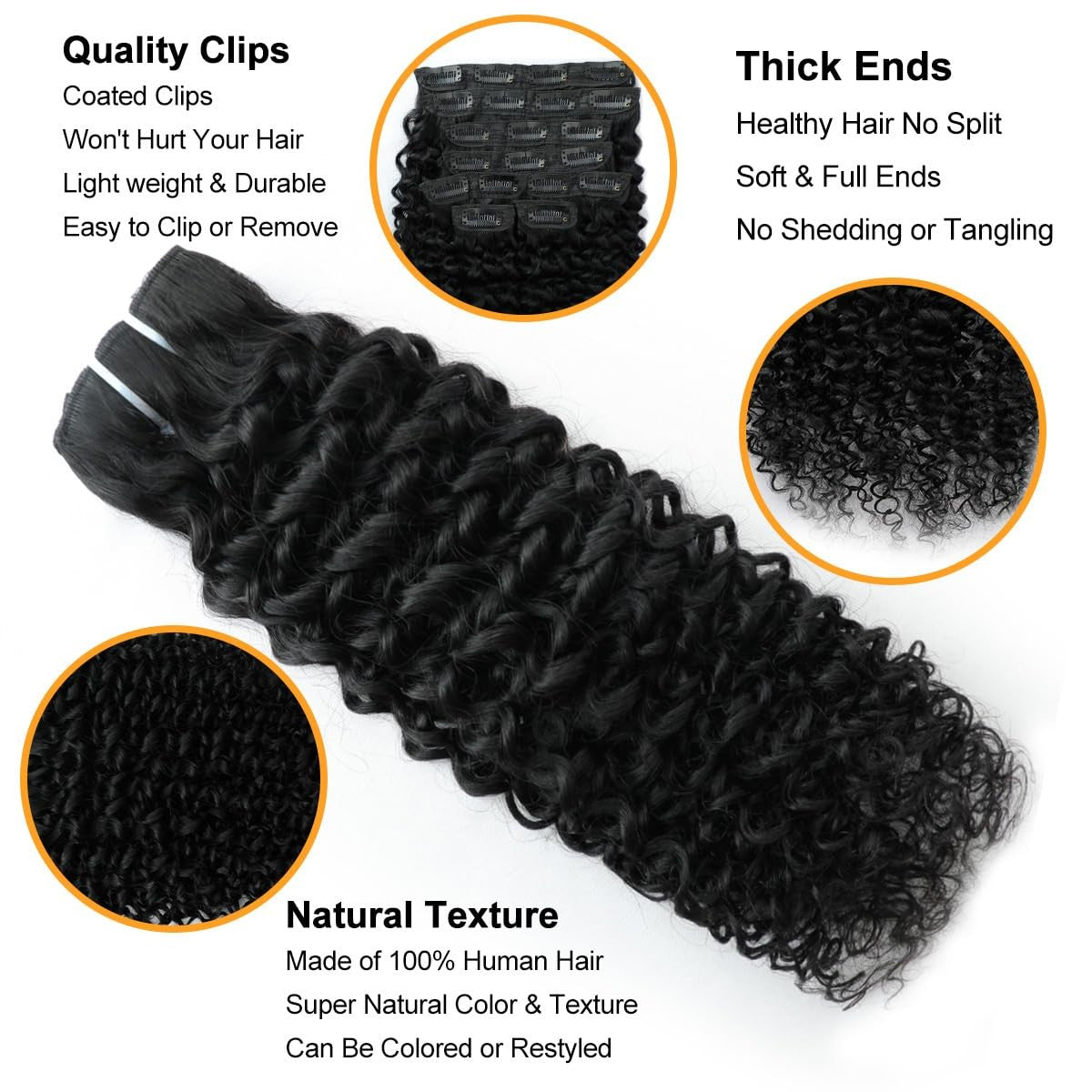 Aqifai 22-inch kinky curly clip-in human hair extensions, 8-piece set with 20 clips, 3C 4A curl pattern, 110g weight
