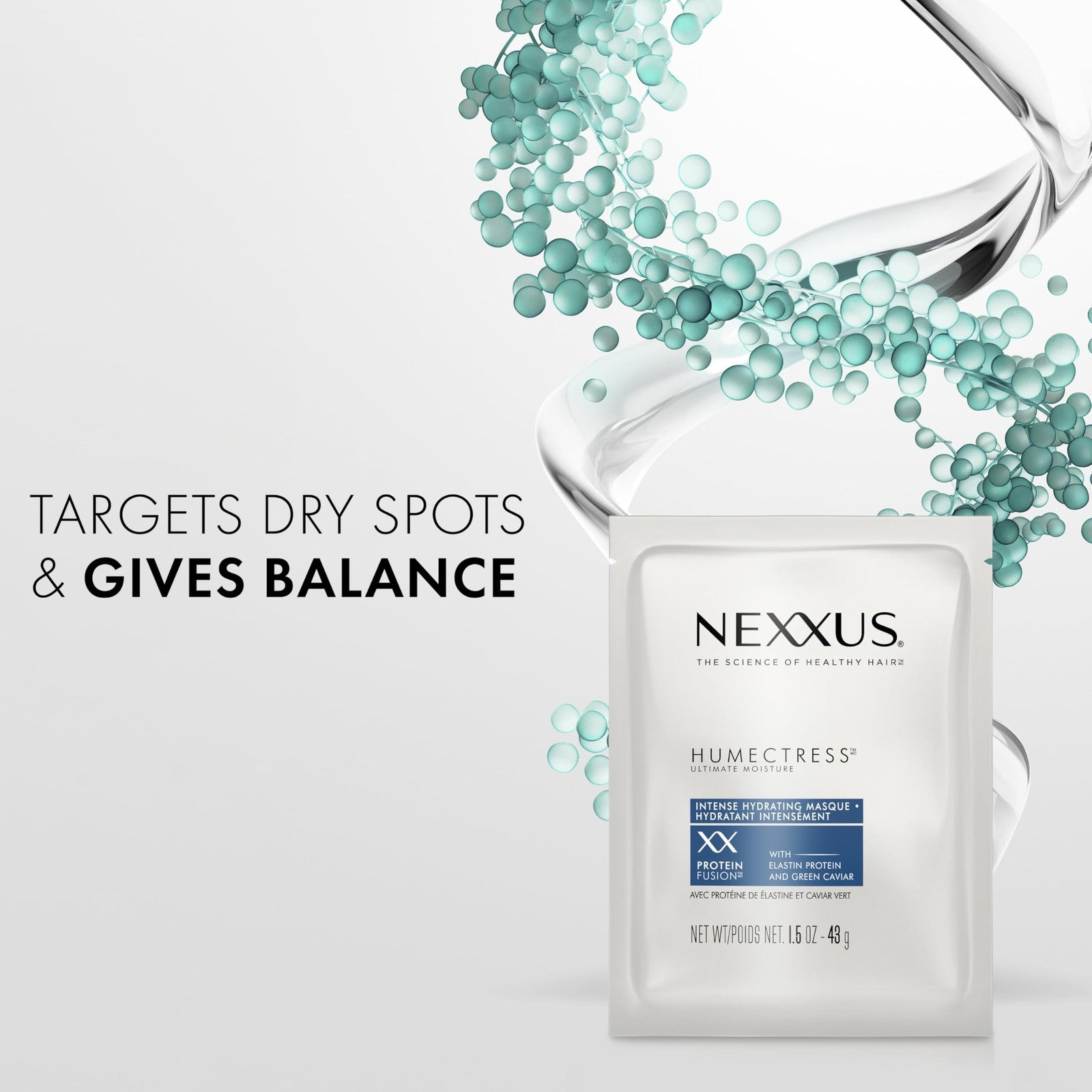 Nexxus Humectress Moisturizing Hair Masque in 10 individual 1.5oz containers for deep conditioning and hydration.