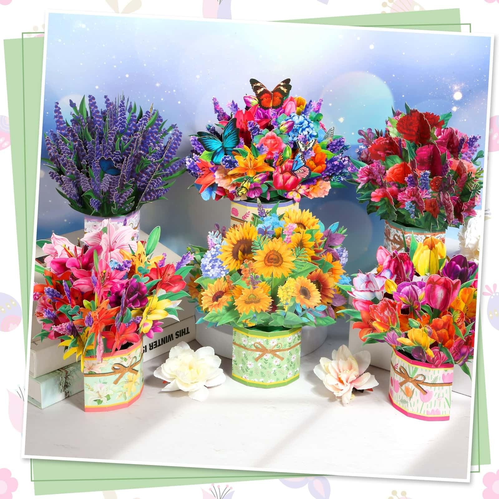 Six Caffox paper flower pop-up cards featuring 3D flower bouquets and floral designs, perfect for greeting or special occasions.