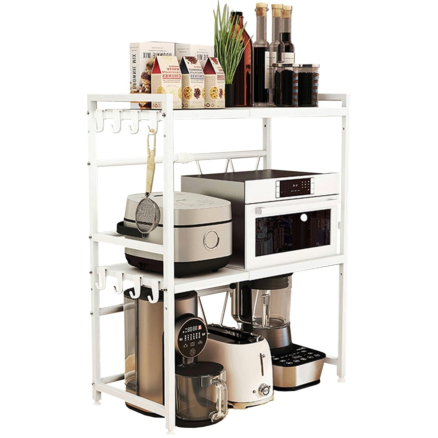 LoyalKBS expandable microwave stand with three tiers, heavy-duty metal construction, and open design for countertop kitchen storage.