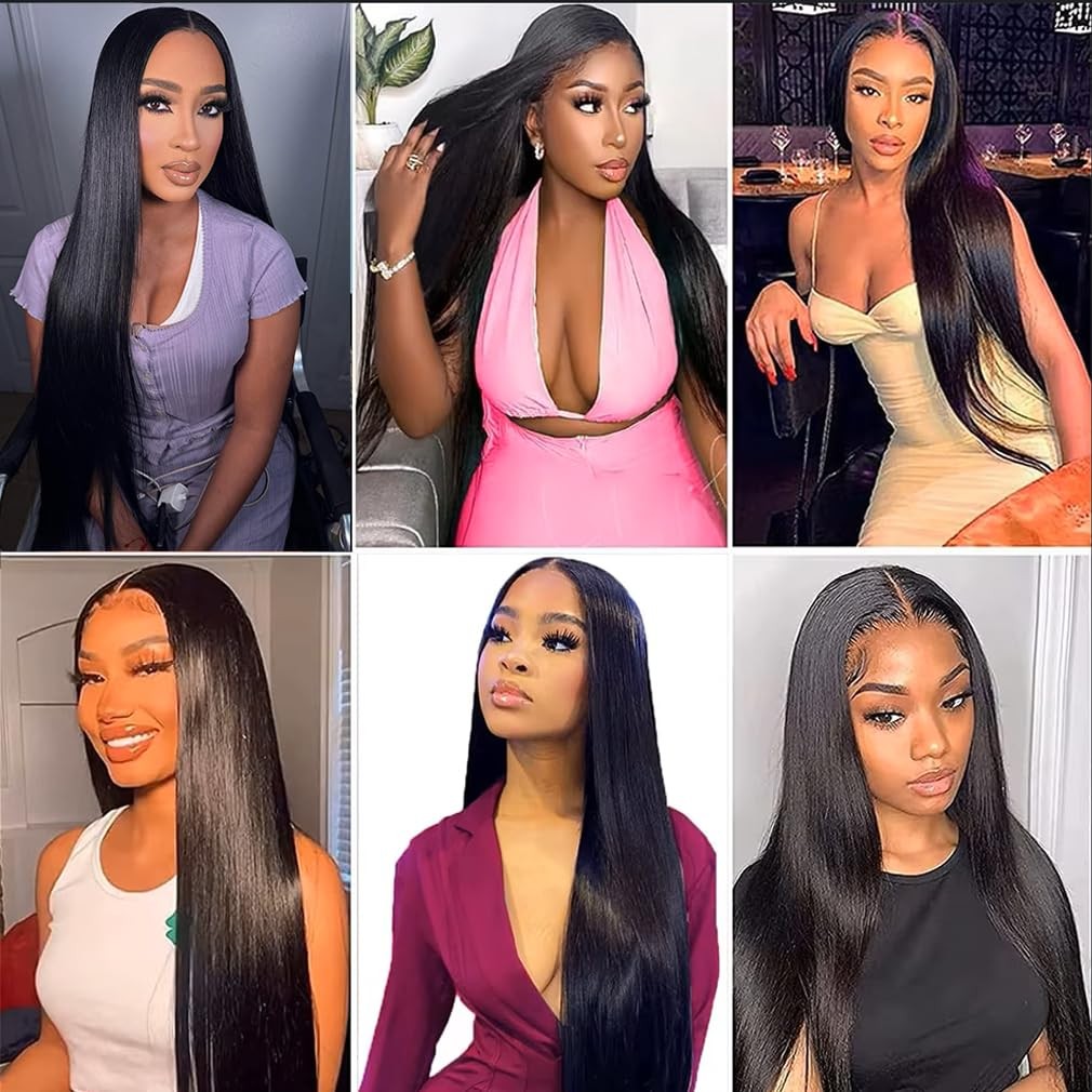 Unbranded human hair bundles with 4x4 closure in 14, 16, 18, 20 inches, straight style, displayed on a flat surface.