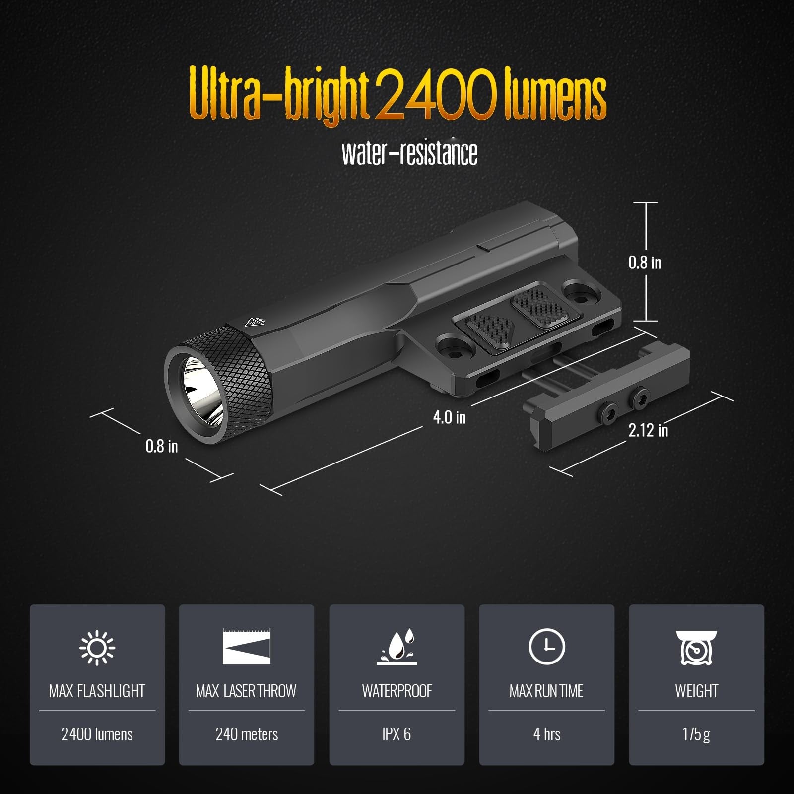 DEFENTAC 2400lm aluminum flashlight with Picatinny/Mlok rail mount, compact tactical light for rifles and outdoor use.