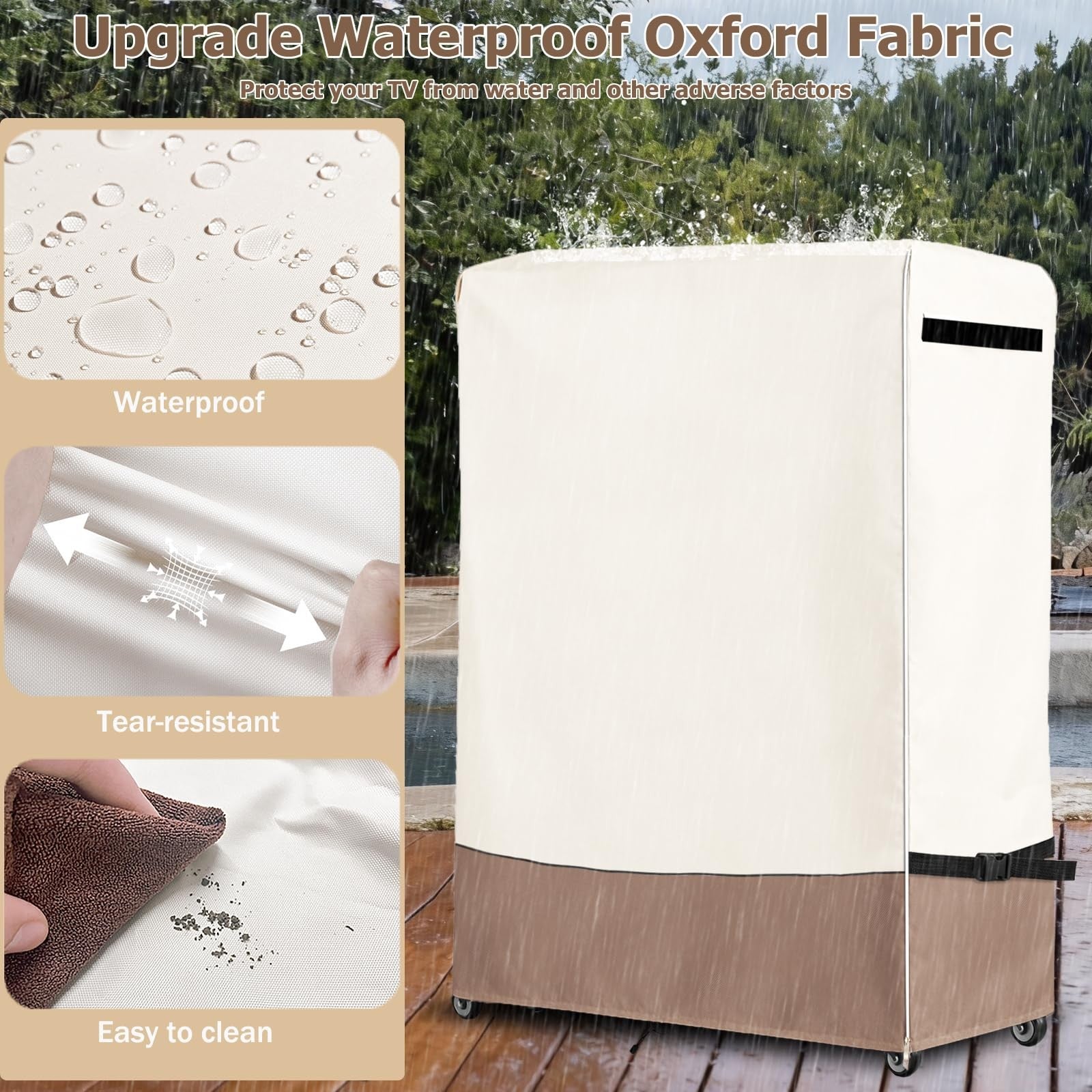 Alickwang 48-inch waterproof outdoor TV trolley cover made of heavy-duty 600D fabric, protecting a rolling TV stand from weather.