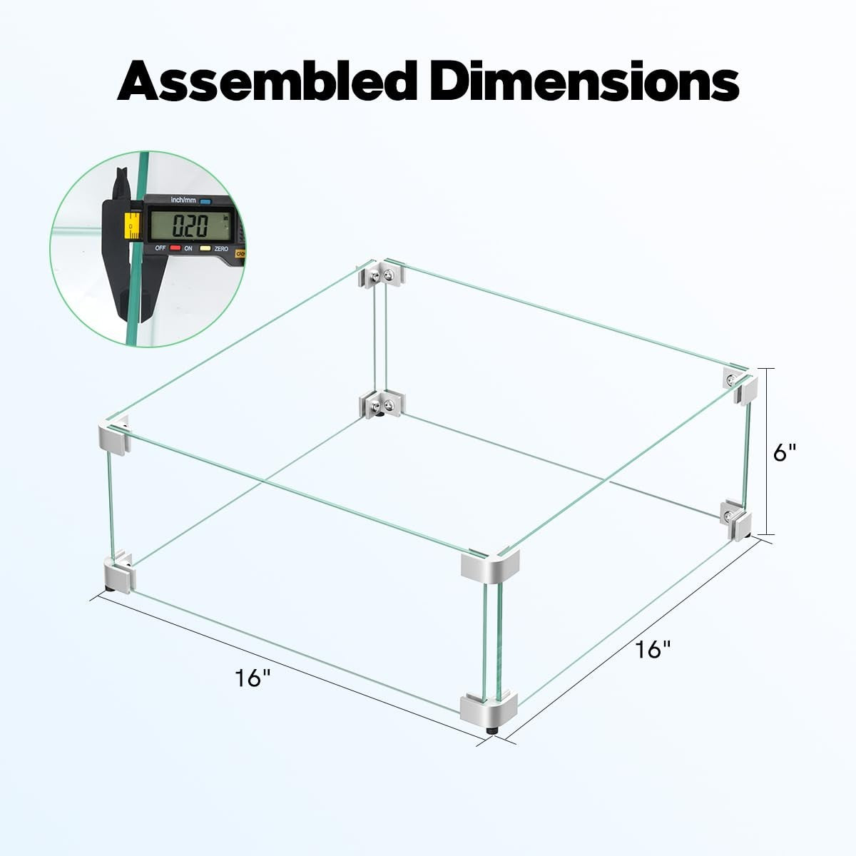 BriSunshine 16x16x6 inch glass wind guard for propane gas fire pit table, providing protection from wind and enhancing safety.