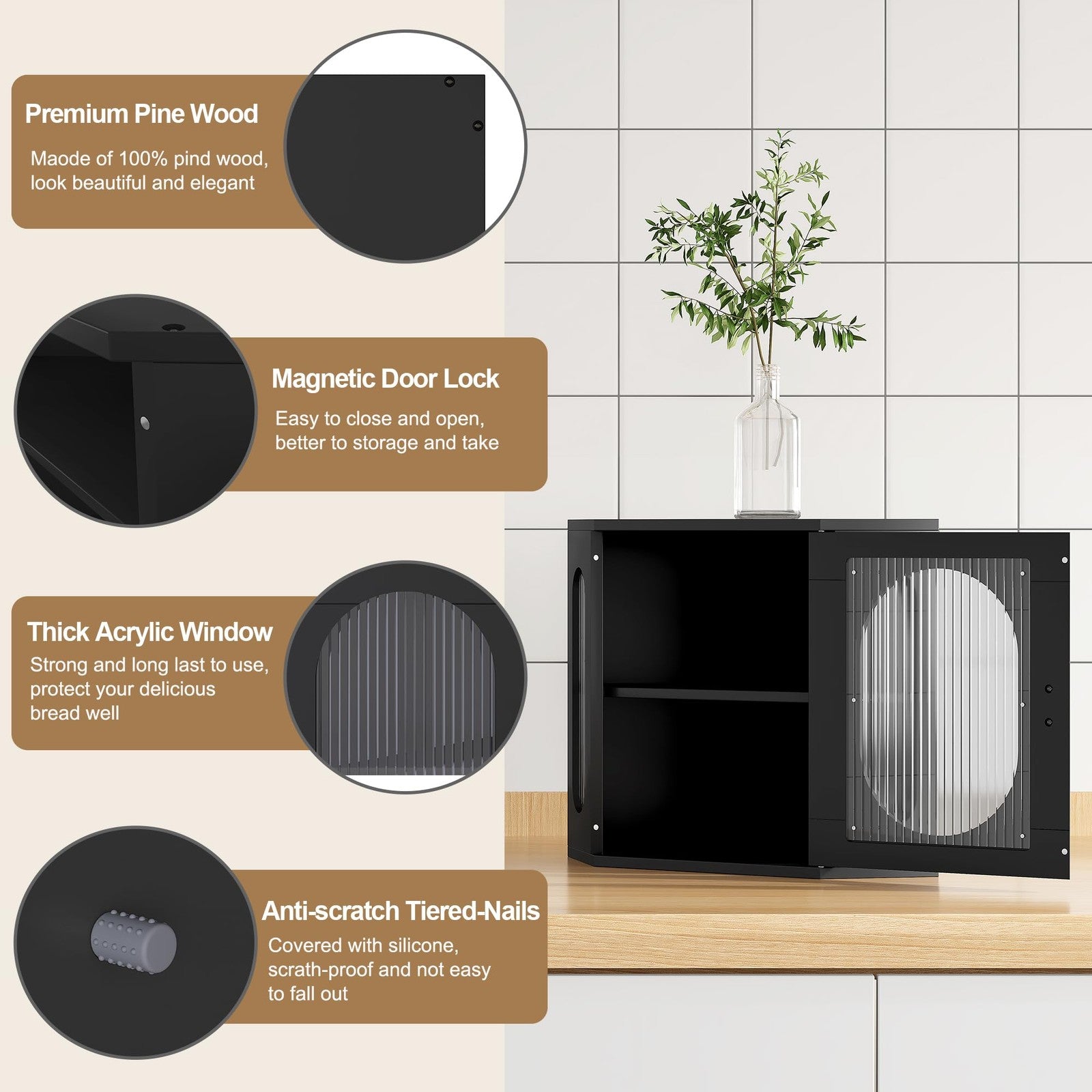 Alpeir corner bread box made of solid wood with double layers for large capacity and adjustable features, farm-style kitchen storage.