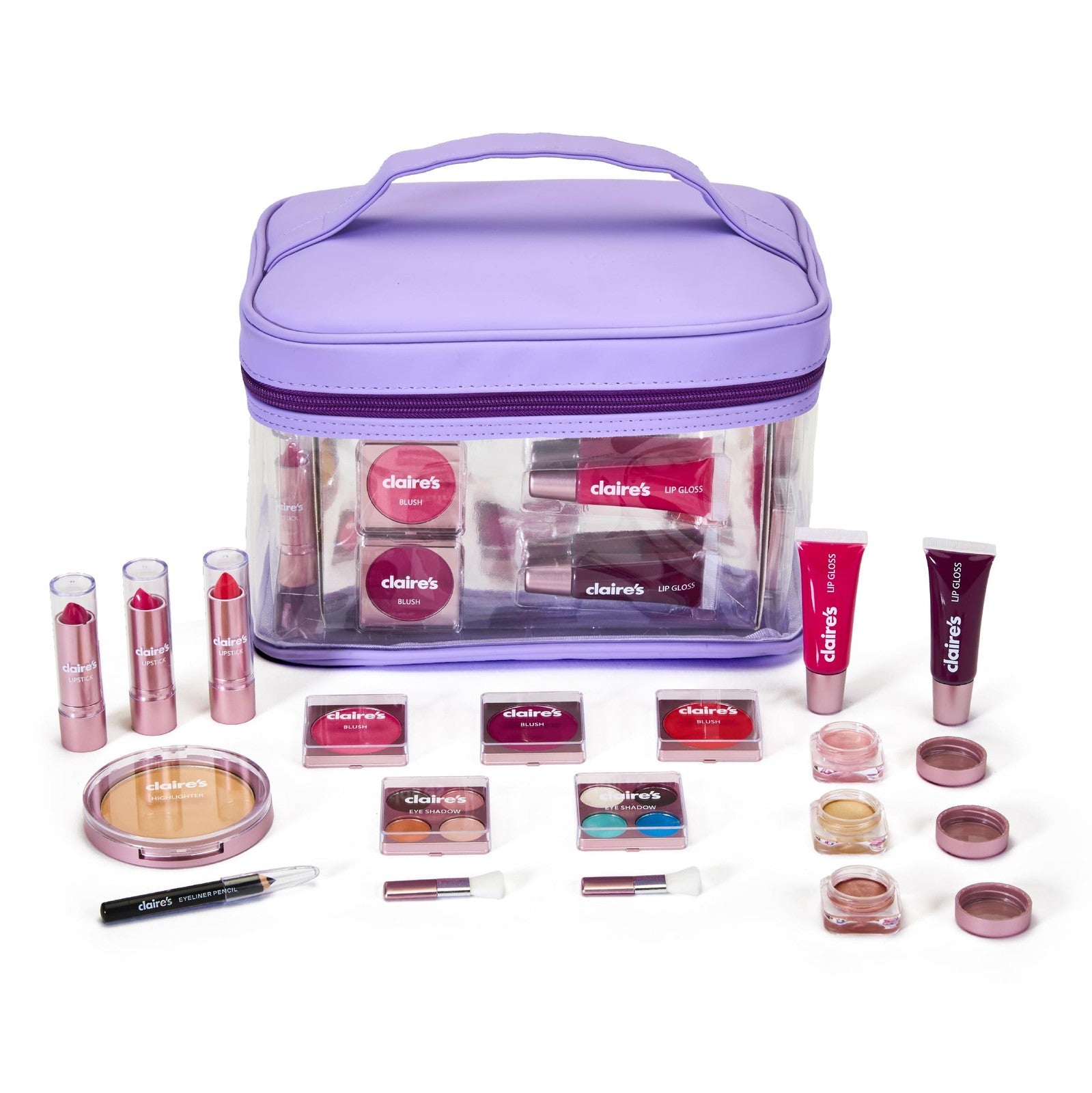 Claire's Ultimate 18-Piece Kids Makeup Kit for ages 8-12 with colorful eyeshadows, blush, brushes, and fun cosmetic accessories.