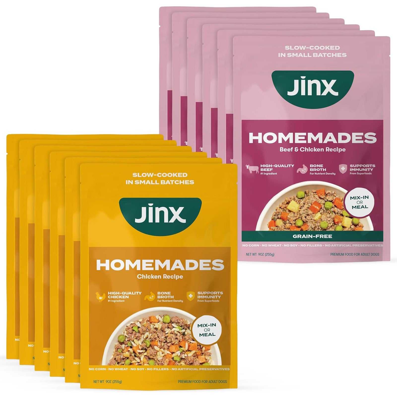 Jinx Wet Dog Food Topper Bundle showing 9oz Chicken and 9oz Beef Homemades in clear containers with labels.