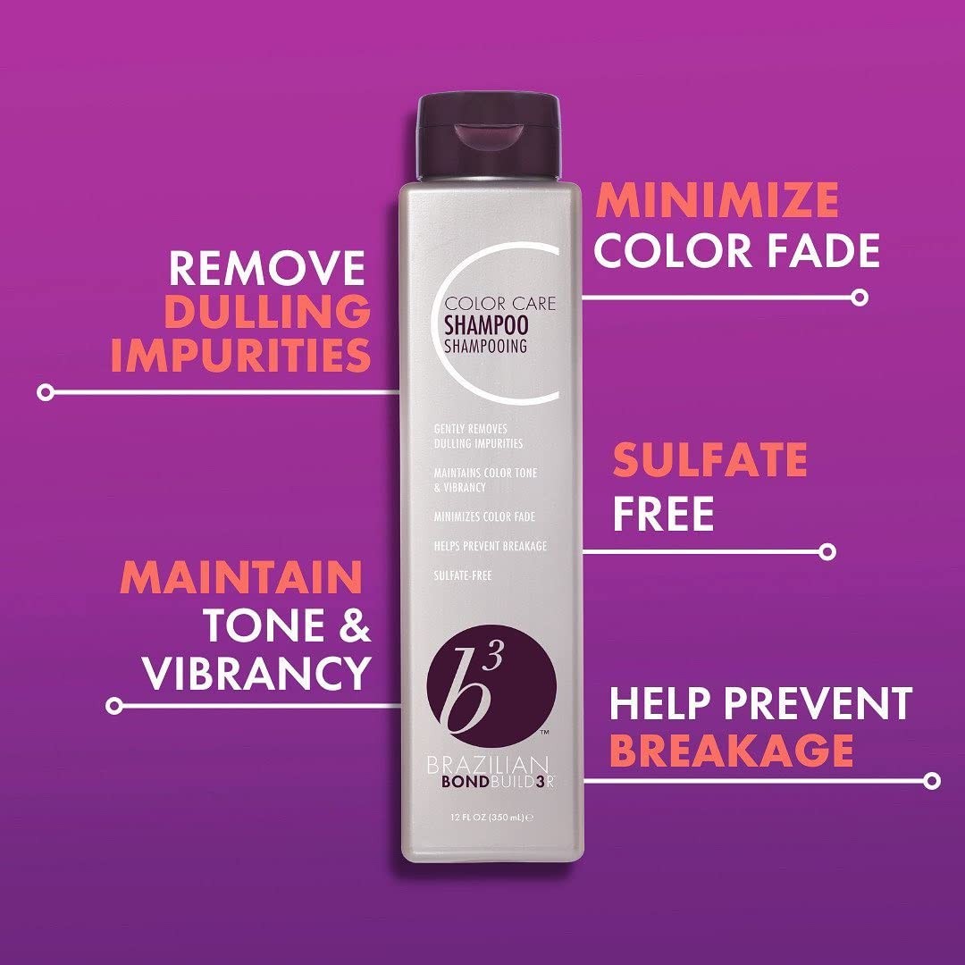 B3 Brazilian Bondbuilder Color Care Shampoo in 12 oz bottle, sulfate-free, with a sleek white and purple label and pump dispenser.