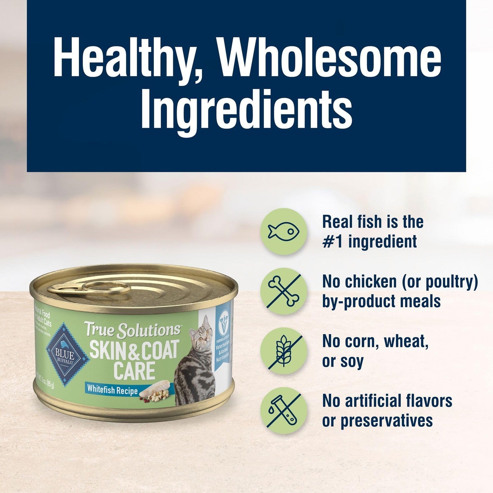 Blue Buffalo True Solutions Skin & Coat adult wet cat food with whitefish, showing the canned food and packaging.