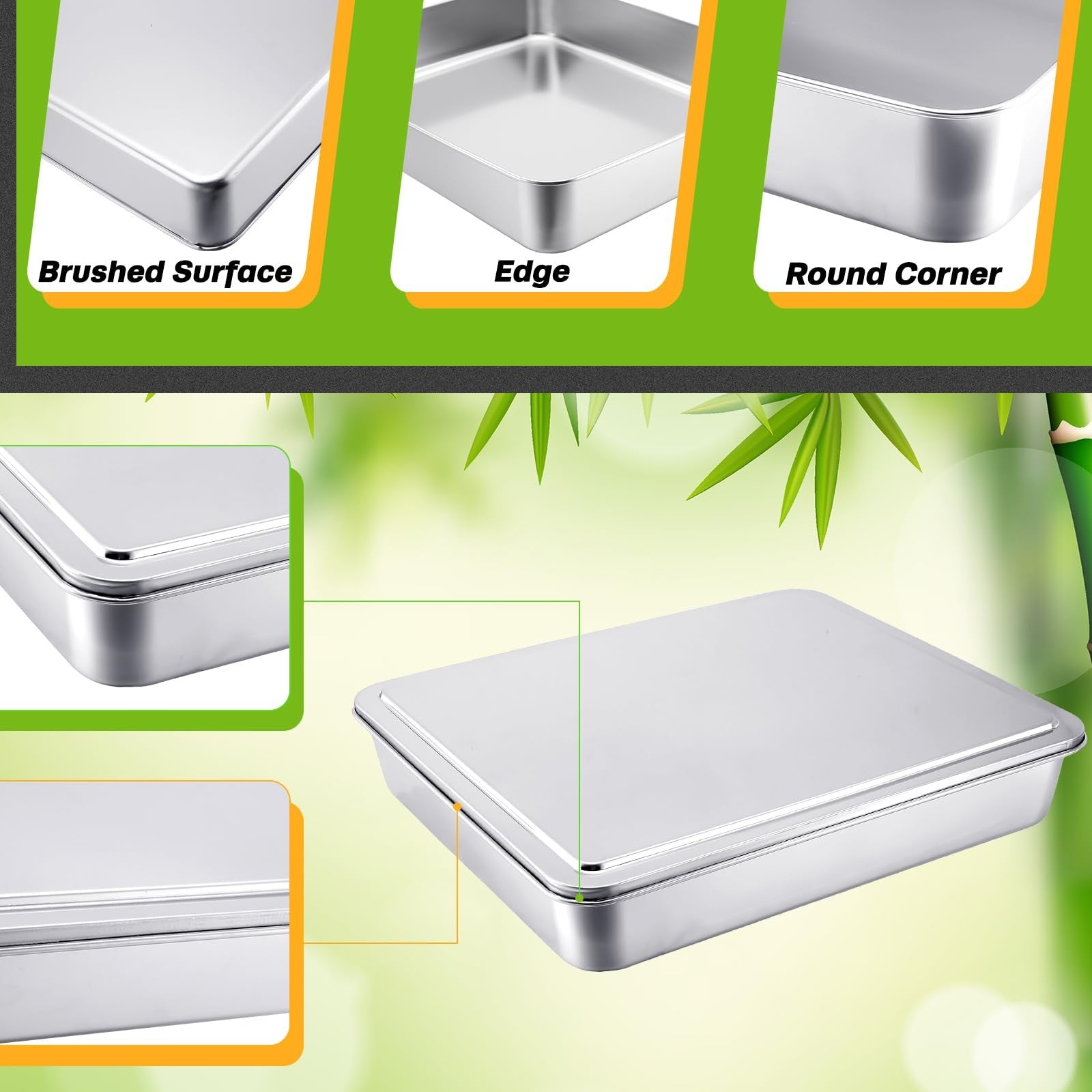Tioncy stainless steel cake pans with lids in 13, 11, and 9-inch rectangle sizes, stacked with lids on, kitchenware set