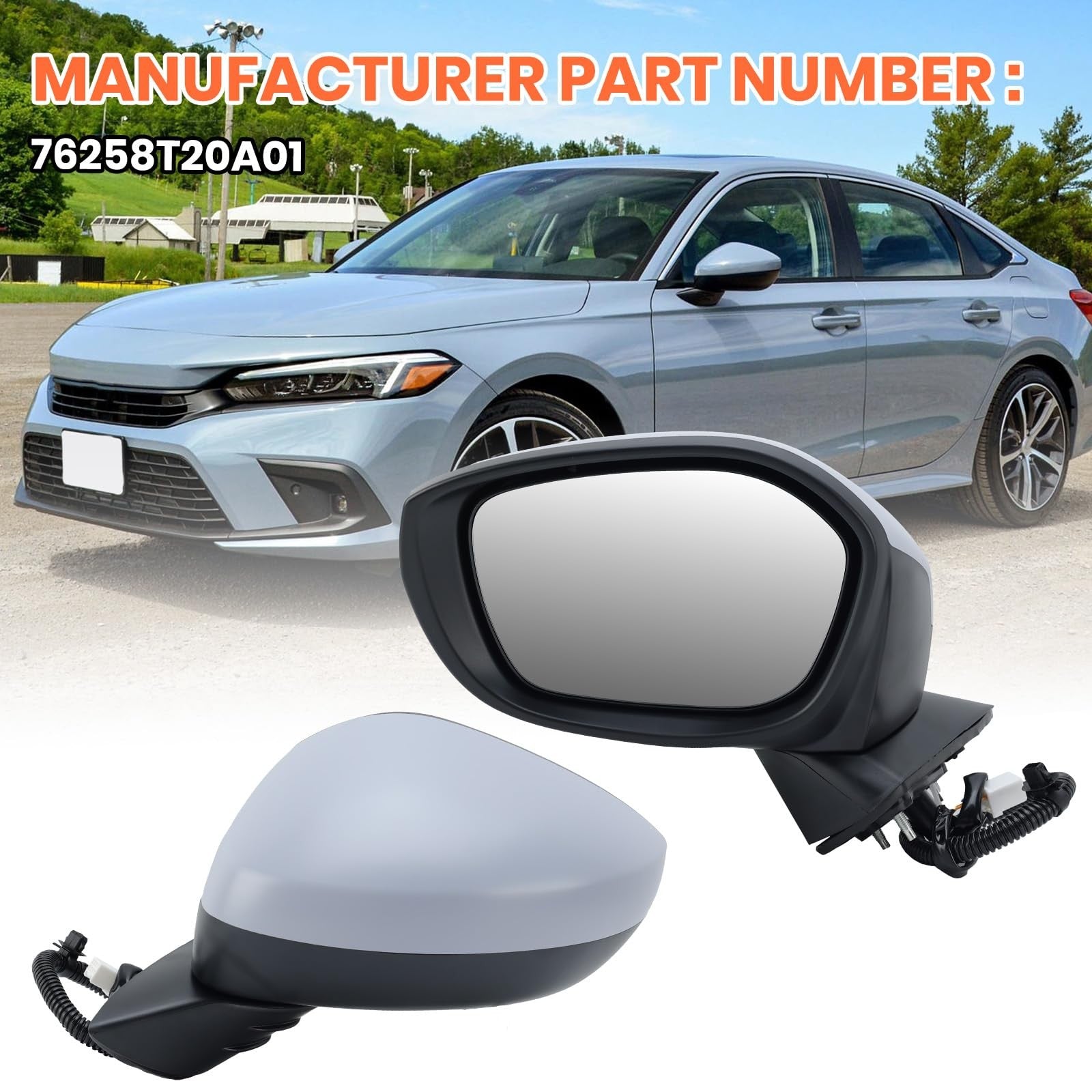 MOFOAP left driver side mirror for 2022-2023 Honda Civic Sedan and Hatchback, showing the mirror assembly on the vehicle.