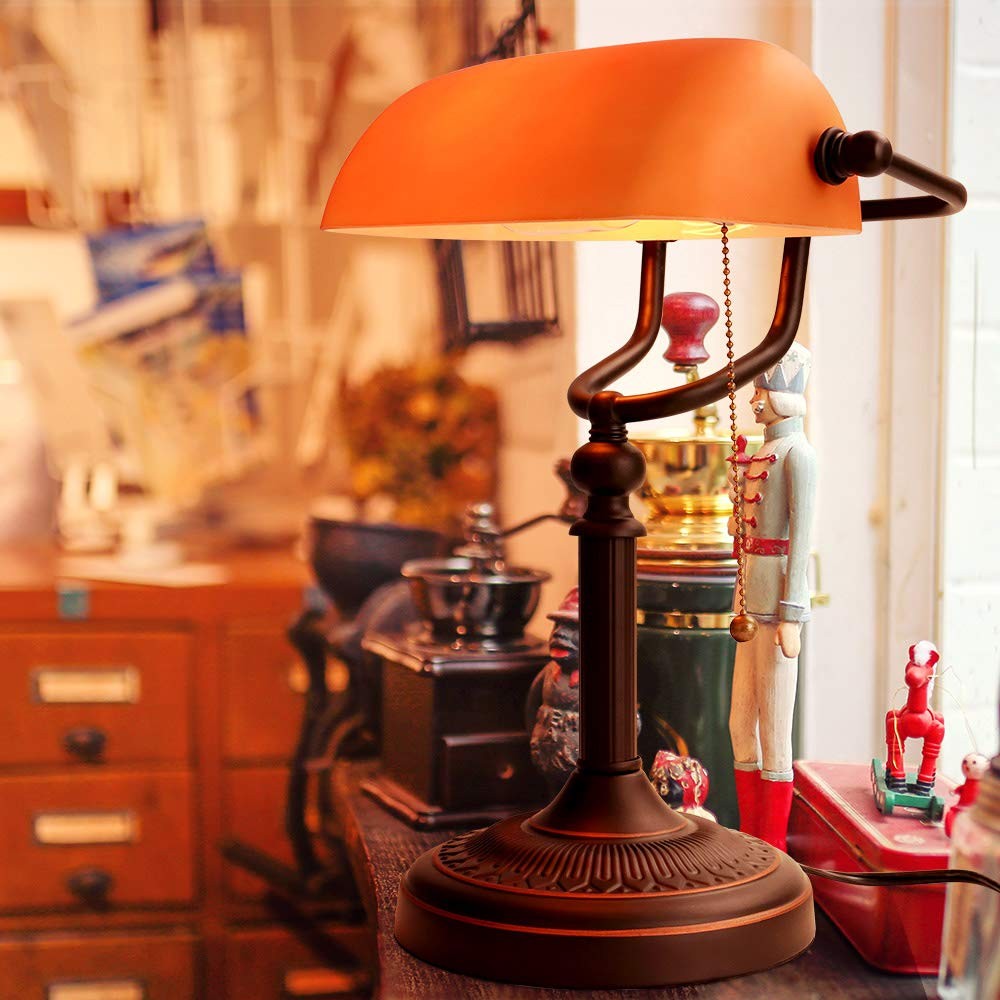 Newrays orange glass bankers desk lamp with pull chain switch and plug-in fixture, vintage style and matte finish.