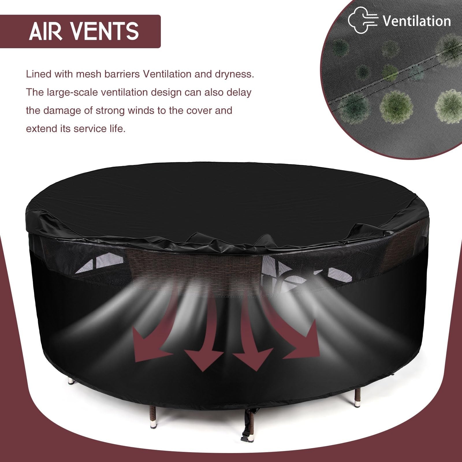 RICHIE waterproof round patio furniture cover made of 600D UV-resistant fabric, protects outdoor tables from weather damage.