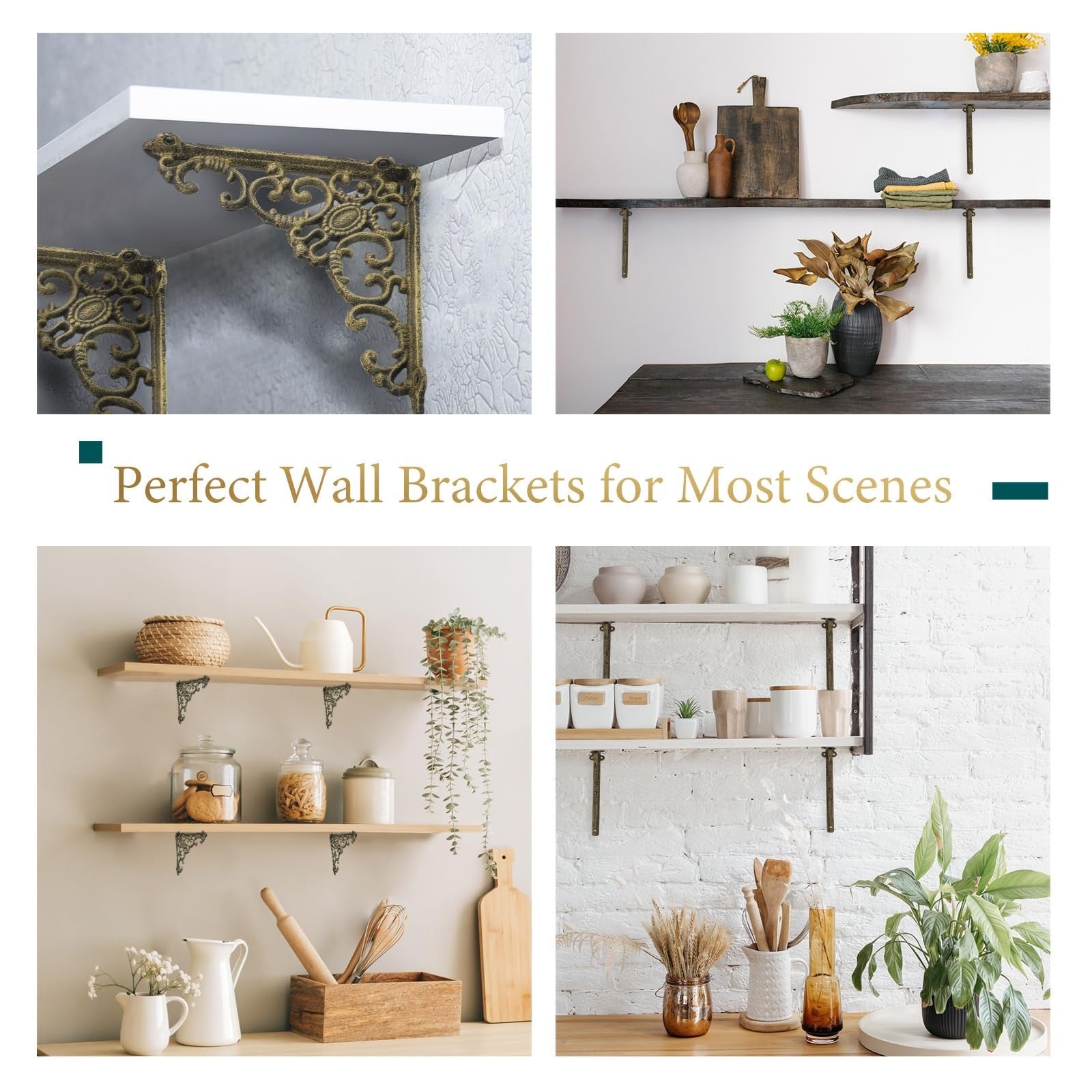 Lounsweer heavy duty antique brass 8-inch wall-mounted shelf brackets, set of 4, designed for sturdy support and decorative display.