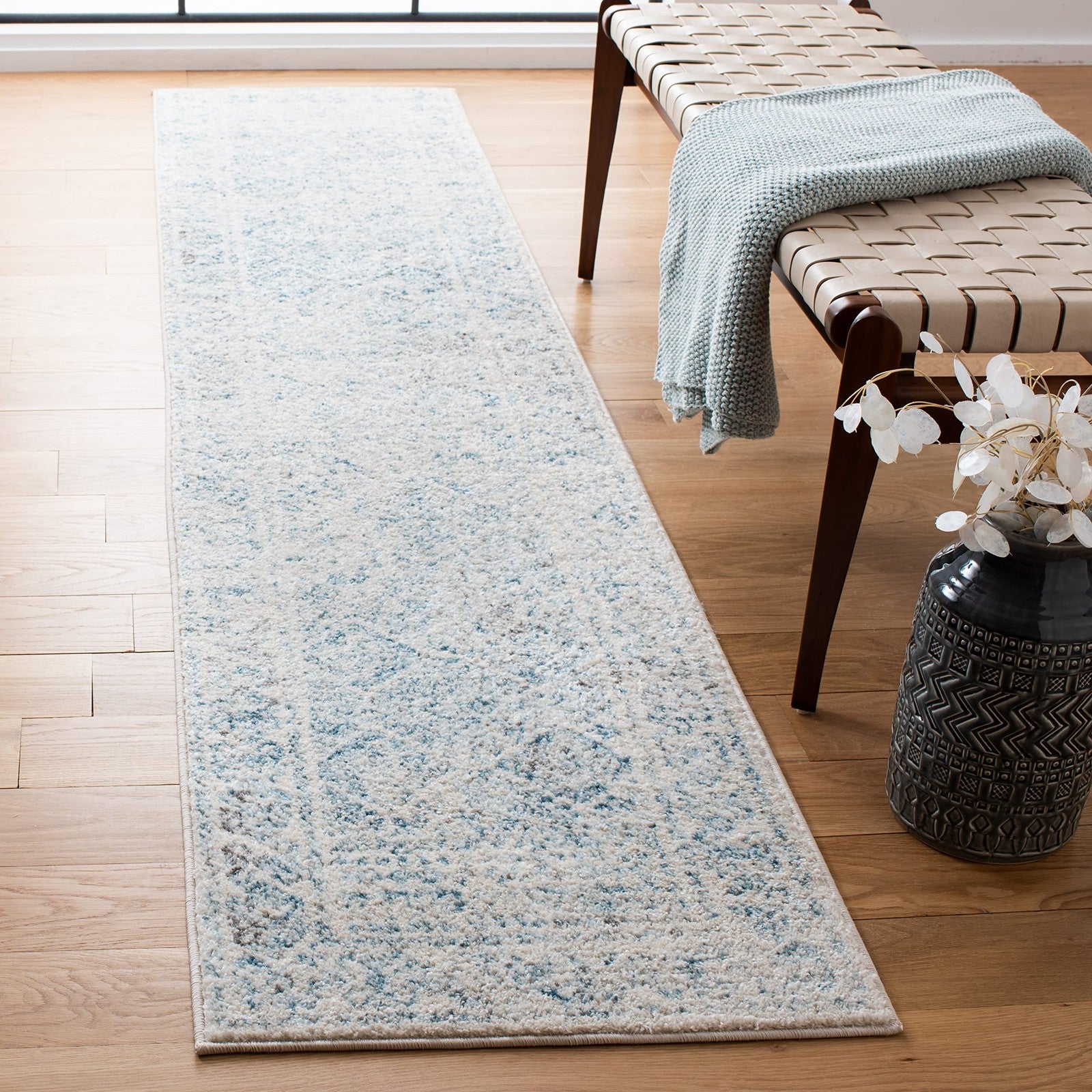 Safavieh Tulum Collection runner rug featuring ivory and turquoise Moroccan boho design, 2x7 feet, with intricate patterns and vibrant colors.