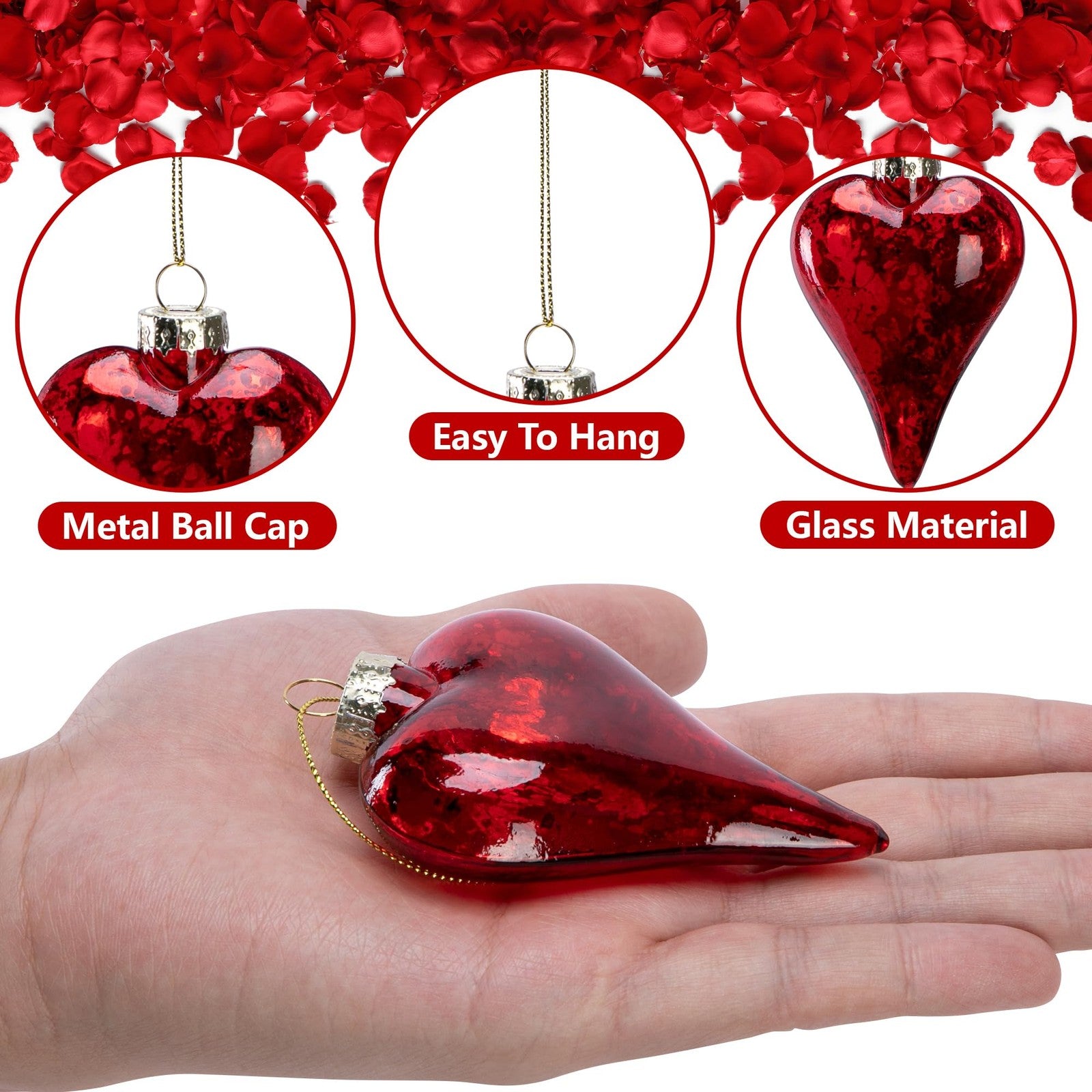 LFUTARI 12-piece set of 3.5-inch antique red glass heart ornaments for Valentine's Day, featuring clear glass with red accents.
