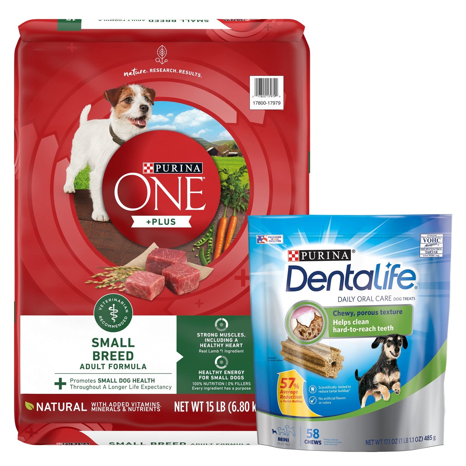 Purina ONE small breed dog food and treats bundle, featuring Lamb and Rice flavor, with a bag of kibble and treats on a white background.