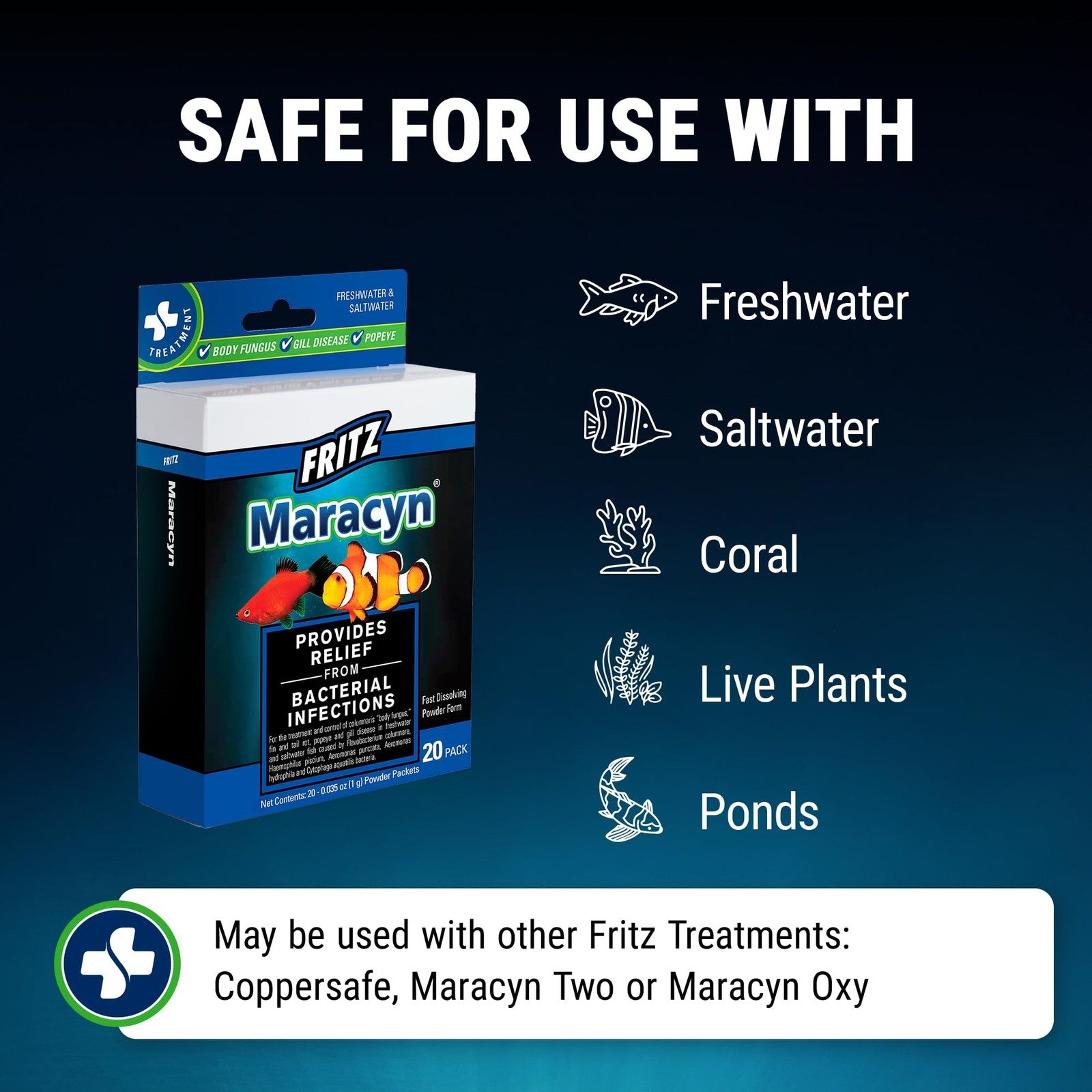 Fritz Maracyn bacteria infection treatment in a 20-pack, suitable for freshwater and saltwater aquariums, by Fritz Aquatics