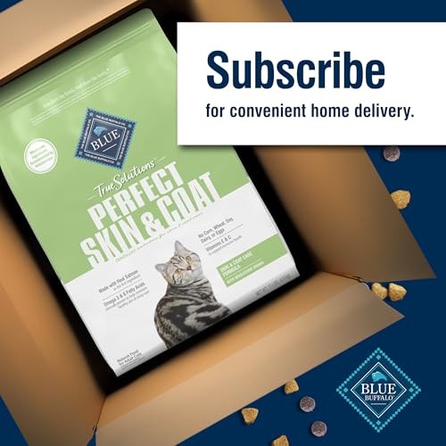 Blue Buffalo True Solutions Skin Coat Care dry cat food for adult cats, featuring natural ingredients in a blue bag.