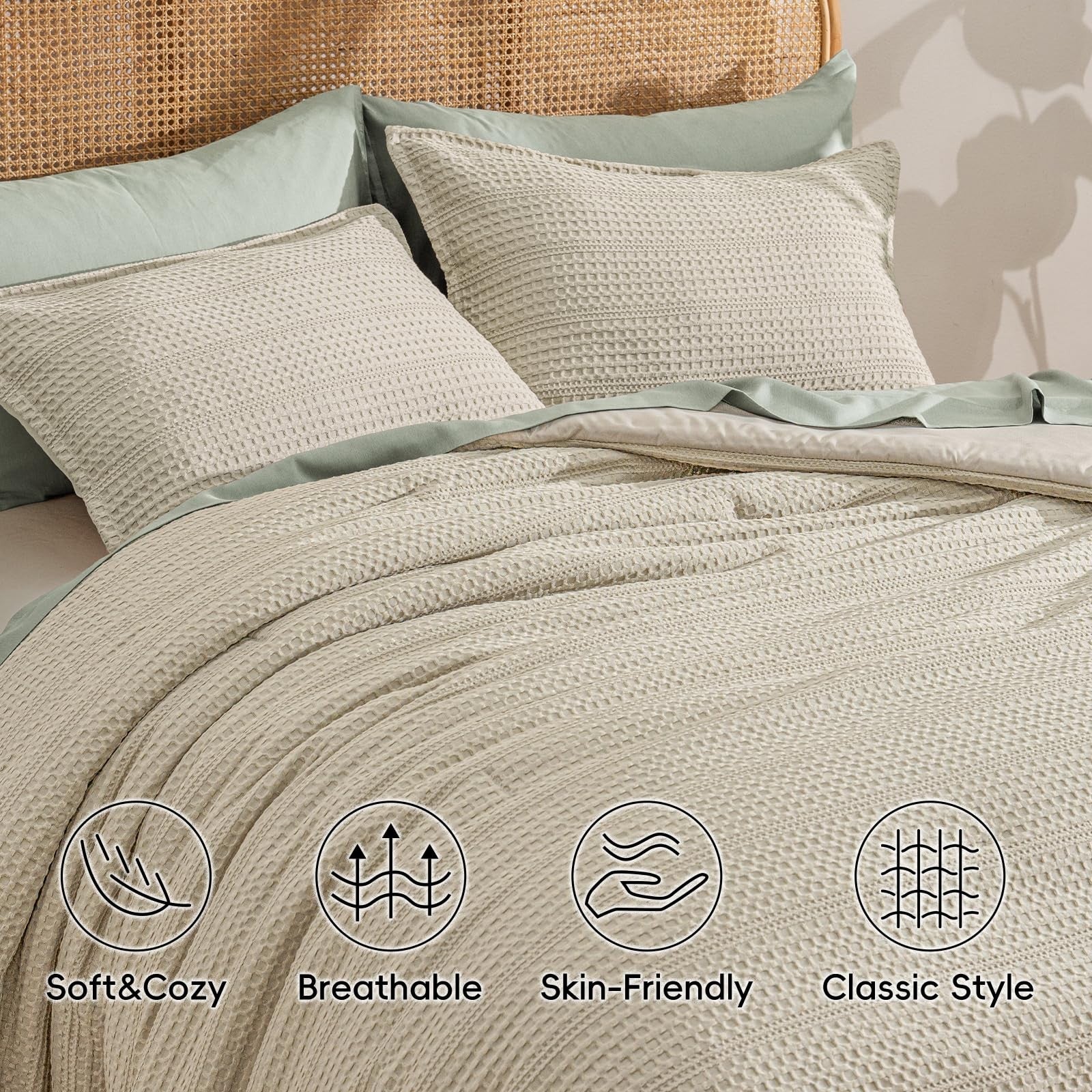 PHF twin size soft waffle comforter set with breathable waffle weave fabric, showcasing its plush, cozy texture and light, comfortable design.