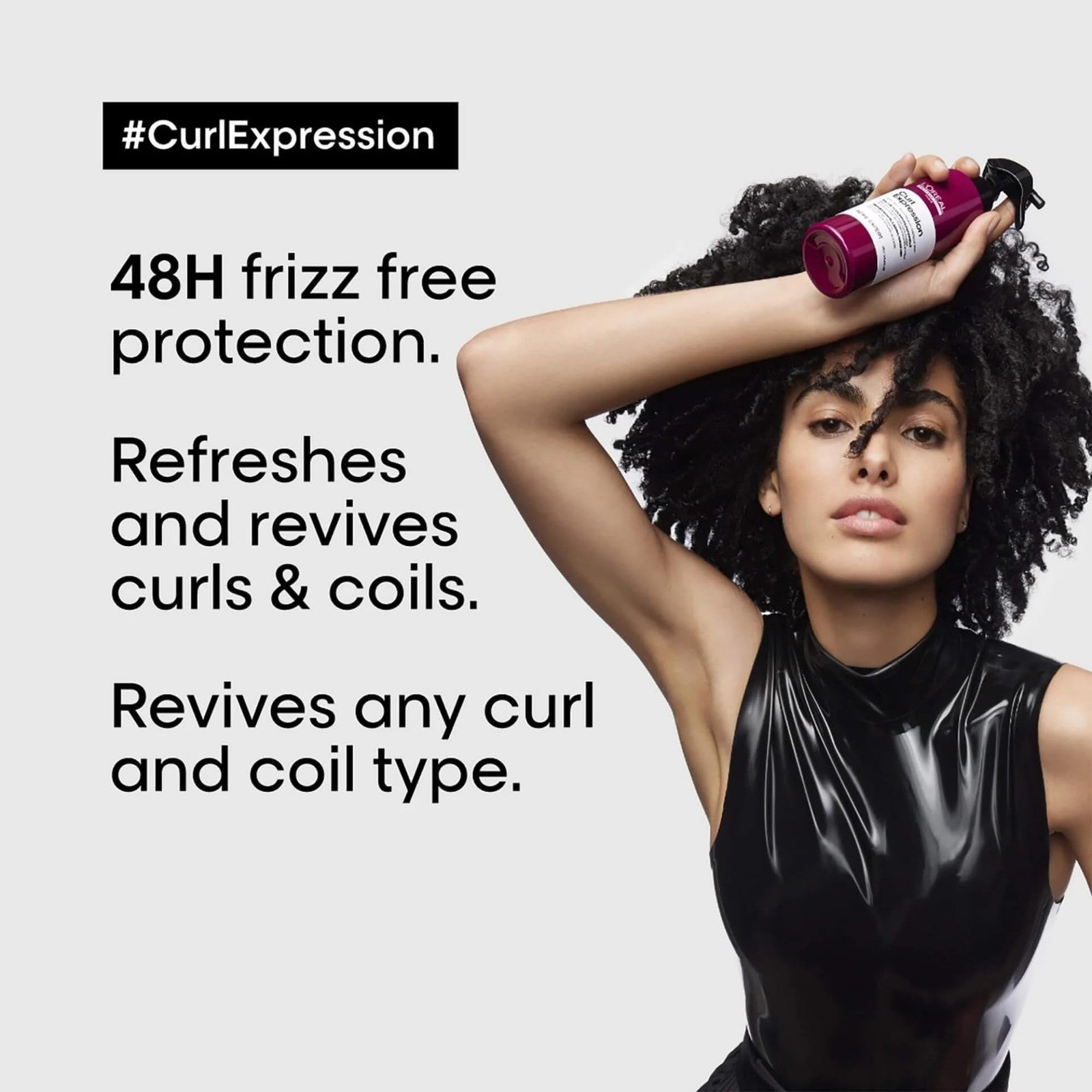 L'Oréal Professionnel Paris Curls Reviver spray for curly and coily hair, with a close-up of the product bottle and curly hair strands.