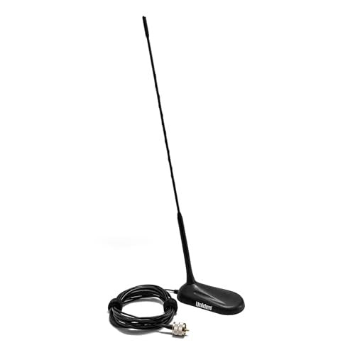 Uniden 18-inch magnetic CB radio antenna with low profile aerodynamic design, pre-tuned for optimal radio reception.