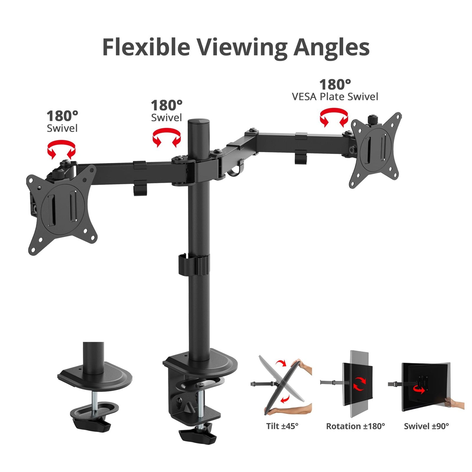 SIIG dual 32-inch articulating monitor arm in black holding two VESA screens, adjustable with full motion capabilities.
