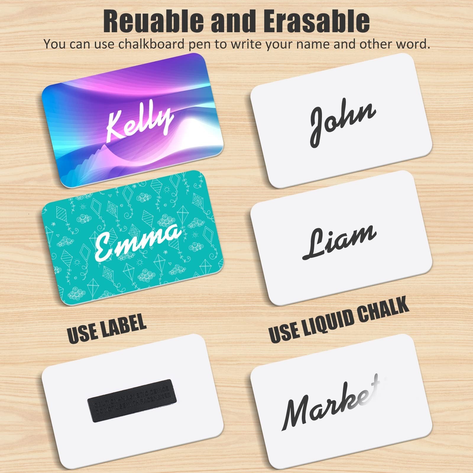 Chinco 50-pack reusable magnetic name tags with blank labels and 3.4 x 2.1-inch size, designed for easy attachment and removal.