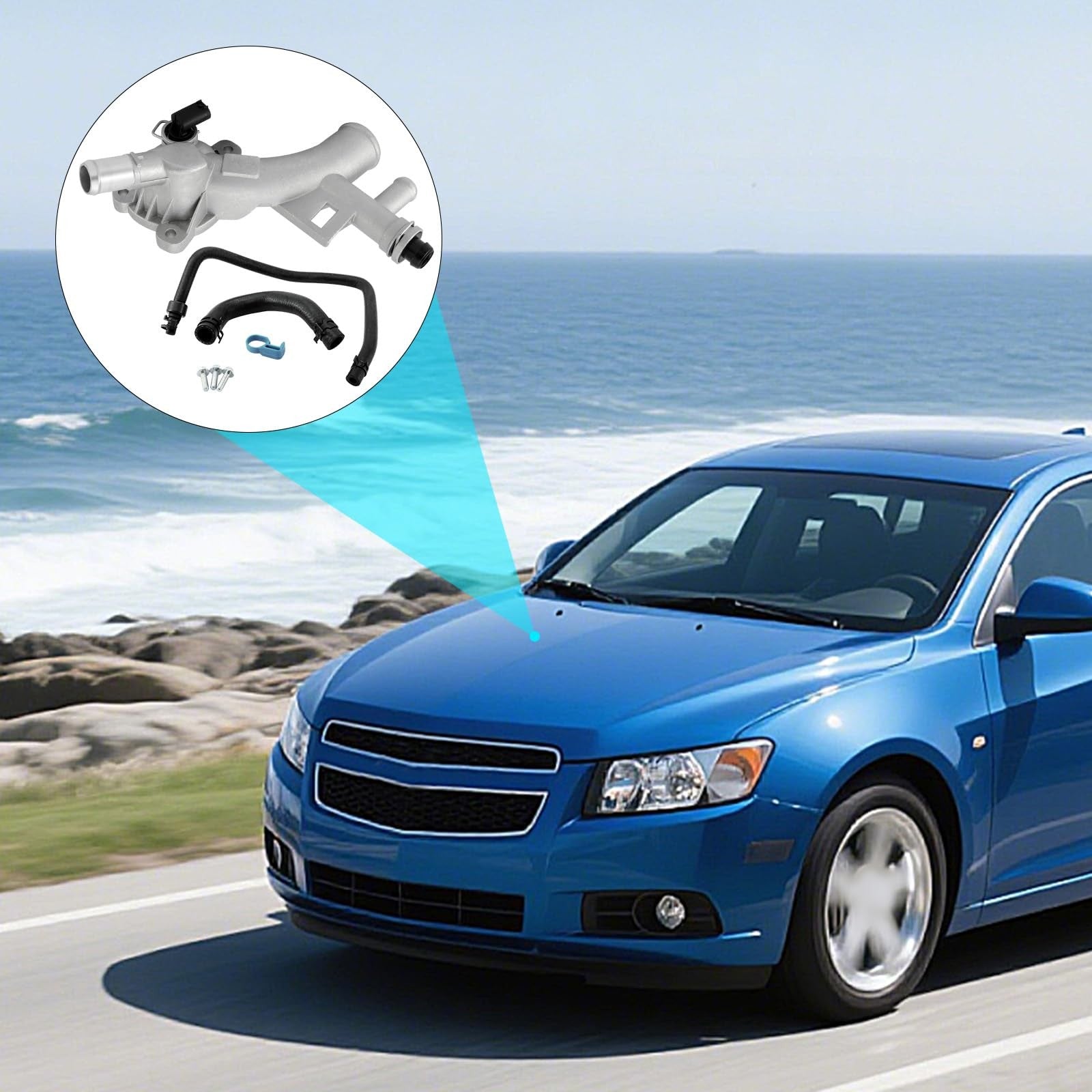 AULINK Chevy/Buick 1.4L engine coolant thermostat housing and hose for vehicle cooling system replacement.