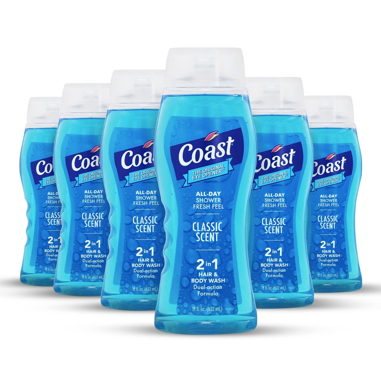 Coast 2-in-1 Hair and Body Wash for men with classic scent, showing the bottle of men's body wash, shampoo, and conditioner.