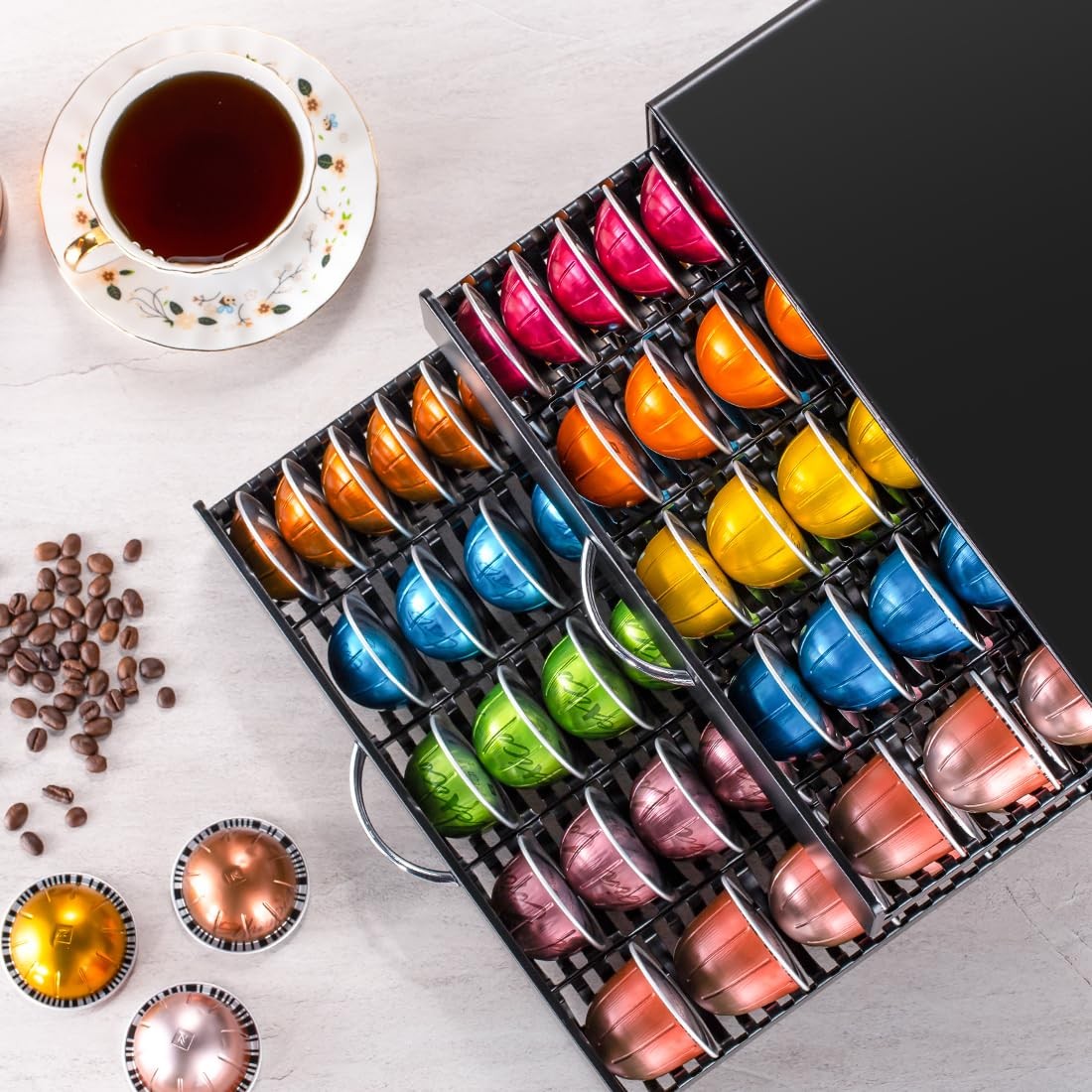 FlagShip Vertuo pod holder coffee storage organizer with large capacity for Nespresso Vertuo capsules, white plastic design.