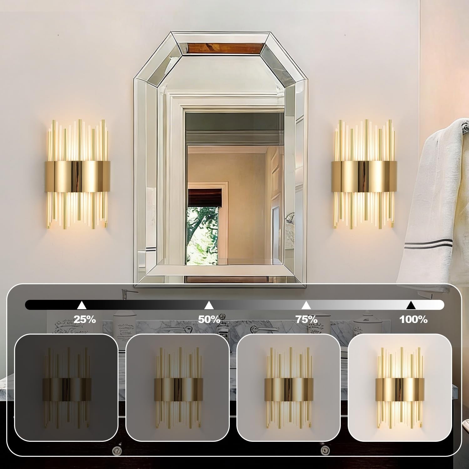 Gold wall sconce with modern crystal accents and LED dimmable lighting, mounted on a wall for stylish illumination.