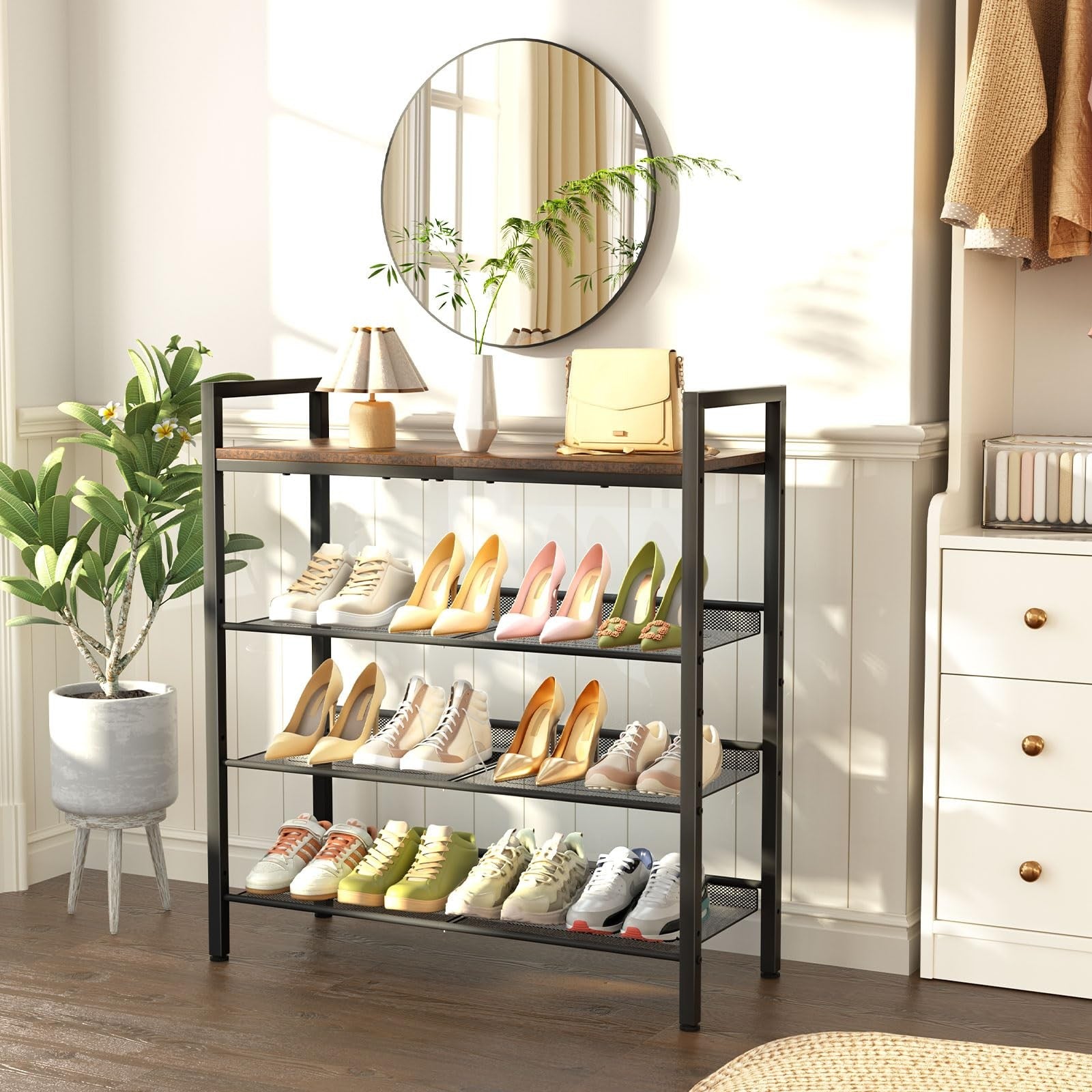 WIN4ALL 4-tier shoe rack for front door entrance, showing organized shoes on a metal shoe storage stand in an entryway.