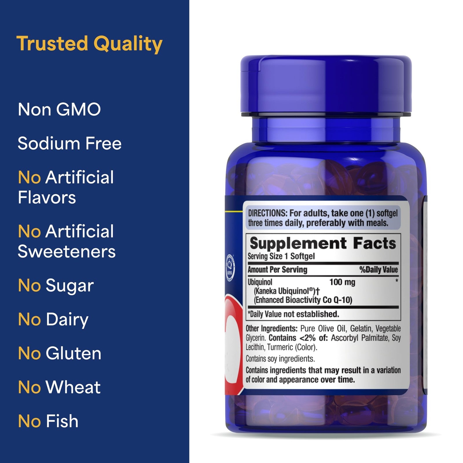Puritan's Pride Next Gen Ubiquinol Coenzyme CoQ10 100mg dietary supplement bottle with capsules on a white background.