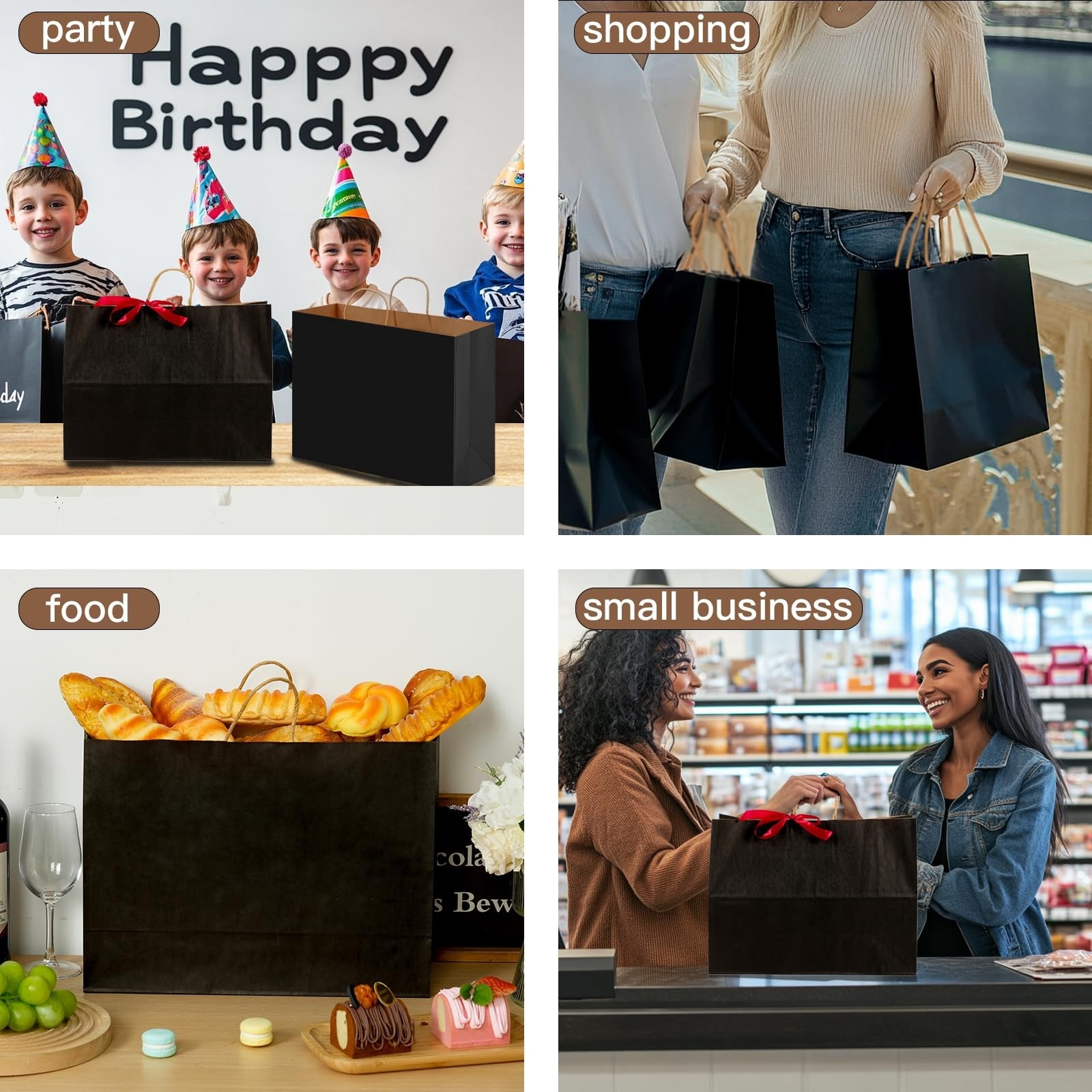 OUTUXED 60-pack black kraft paper gift bags with handles, 16x6x12 inches, perfect for gift wrapping and shopping.