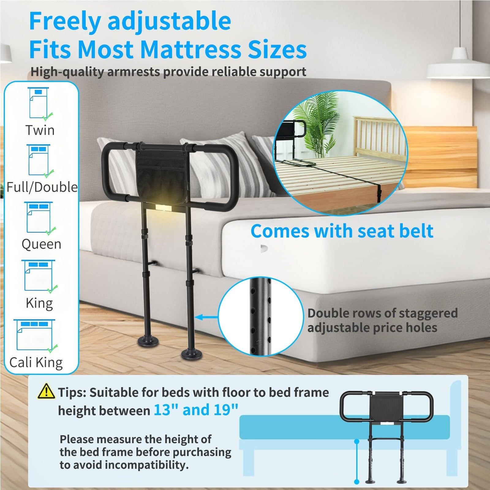 Heavy-duty Eakertte bed rails for elderly adults with motion sensor light support, durable design, and 400 lbs weight capacity.