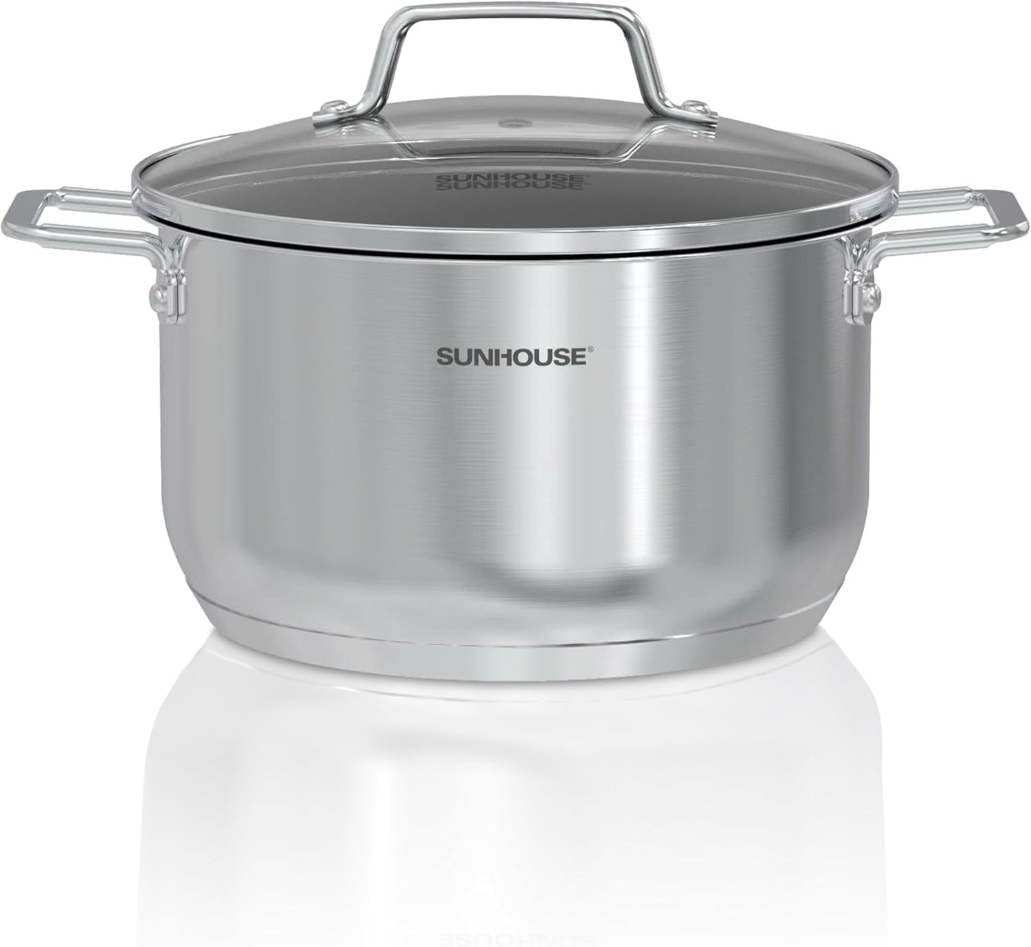 Sunhouse 6.5 quart stainless steel stock pot for induction cooking, heavy-duty kitchen cookware with handles and lid.