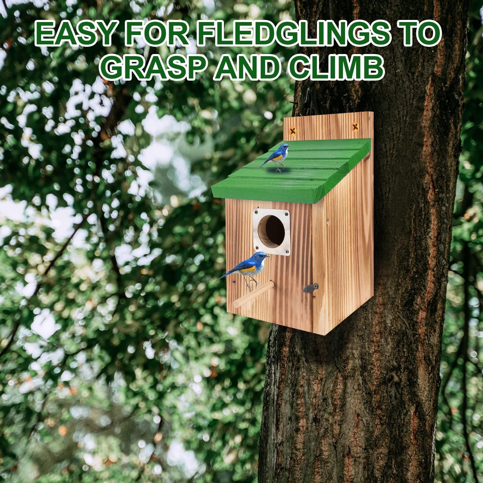 Set of four blue wooden bird houses with predator guards for outdoor use, designed for bluebirds by hoamayya.