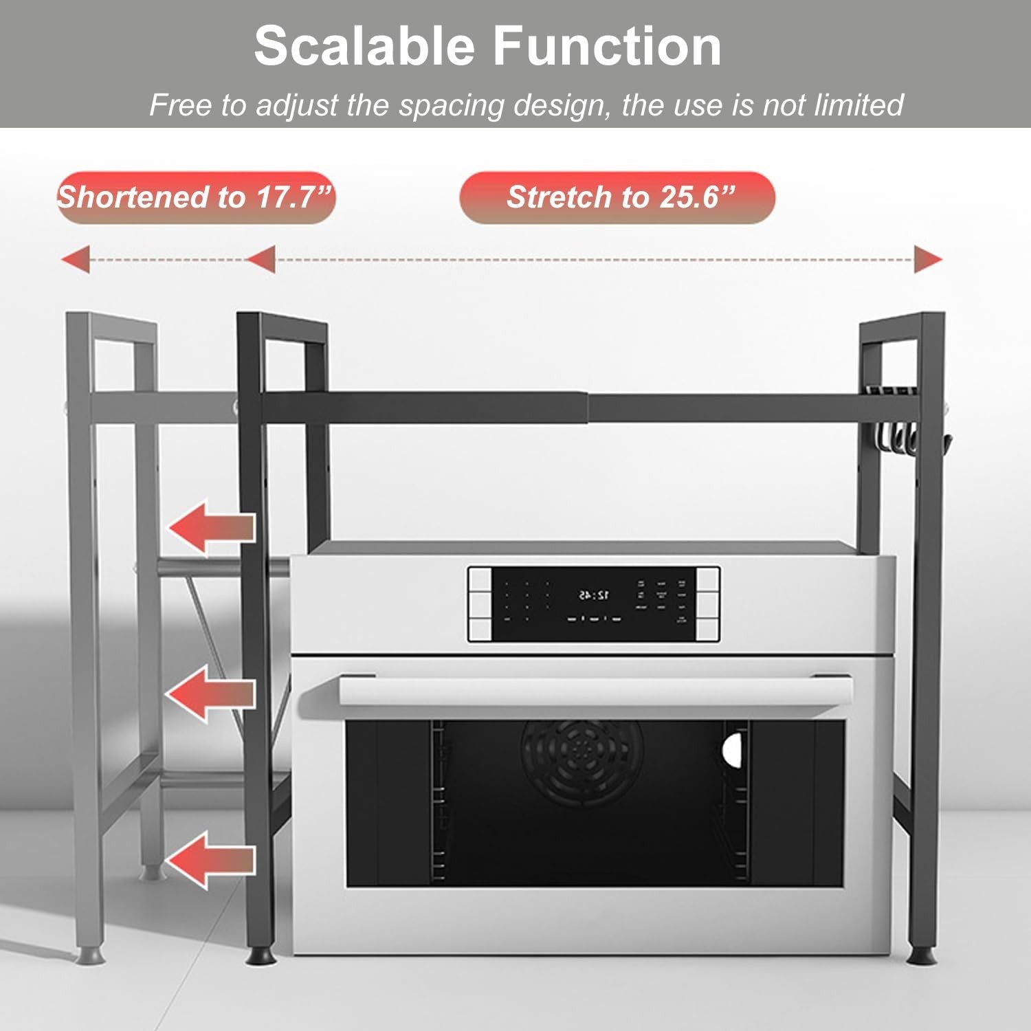 LoyalKBS expandable microwave stand with heavy-duty metal construction and adjustable shelves for countertop use.