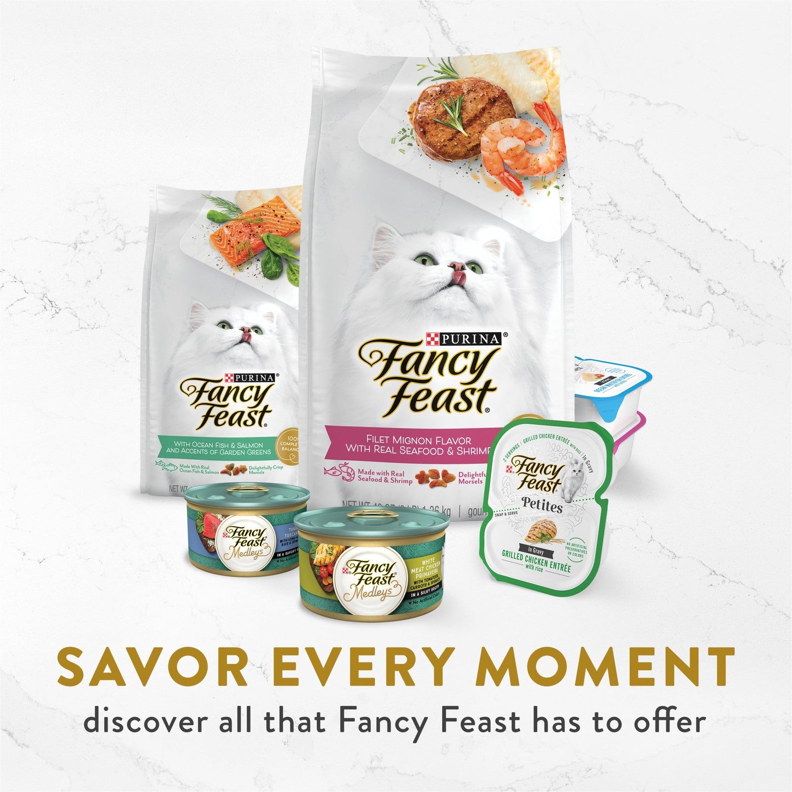 Fancy Feast Purina Broth Complement with chicken and seafood, grain-free lickable wet cat food in a clear bowl.