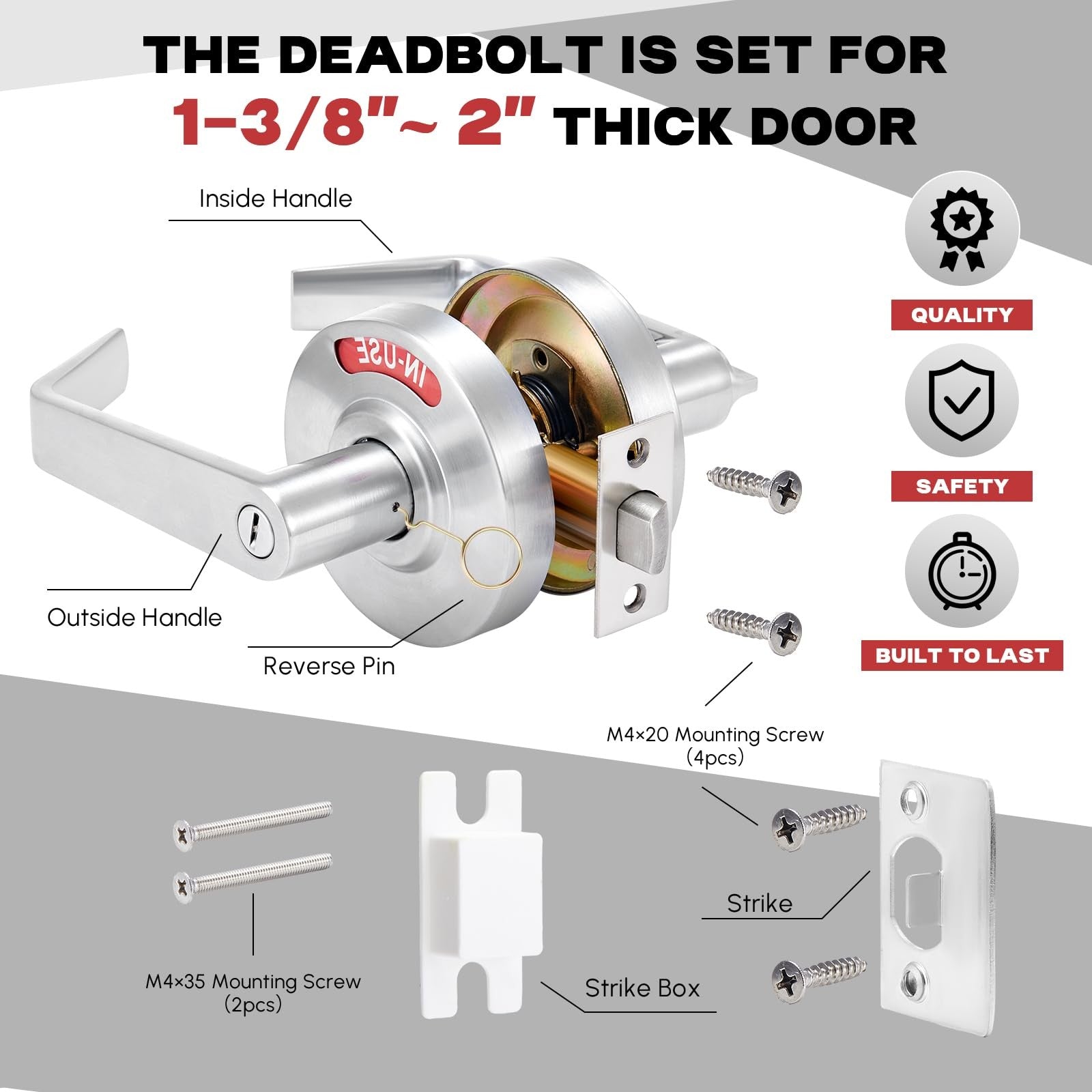 Tandefio commercial bathroom door handle with deadbolt lock, showing both vacant and occupied privacy indicators on a white door