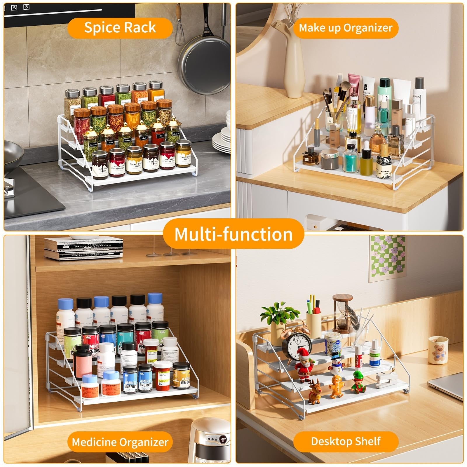 RCHYFEED 4-tier spice rack organizer inside a kitchen cabinet holding various spice jars and bottles neatly arranged.