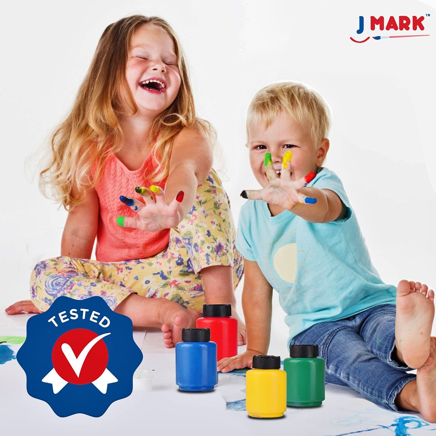J MARK Toddler painting set with 32 spill-resistant paint cups and colorful art supplies for young children.