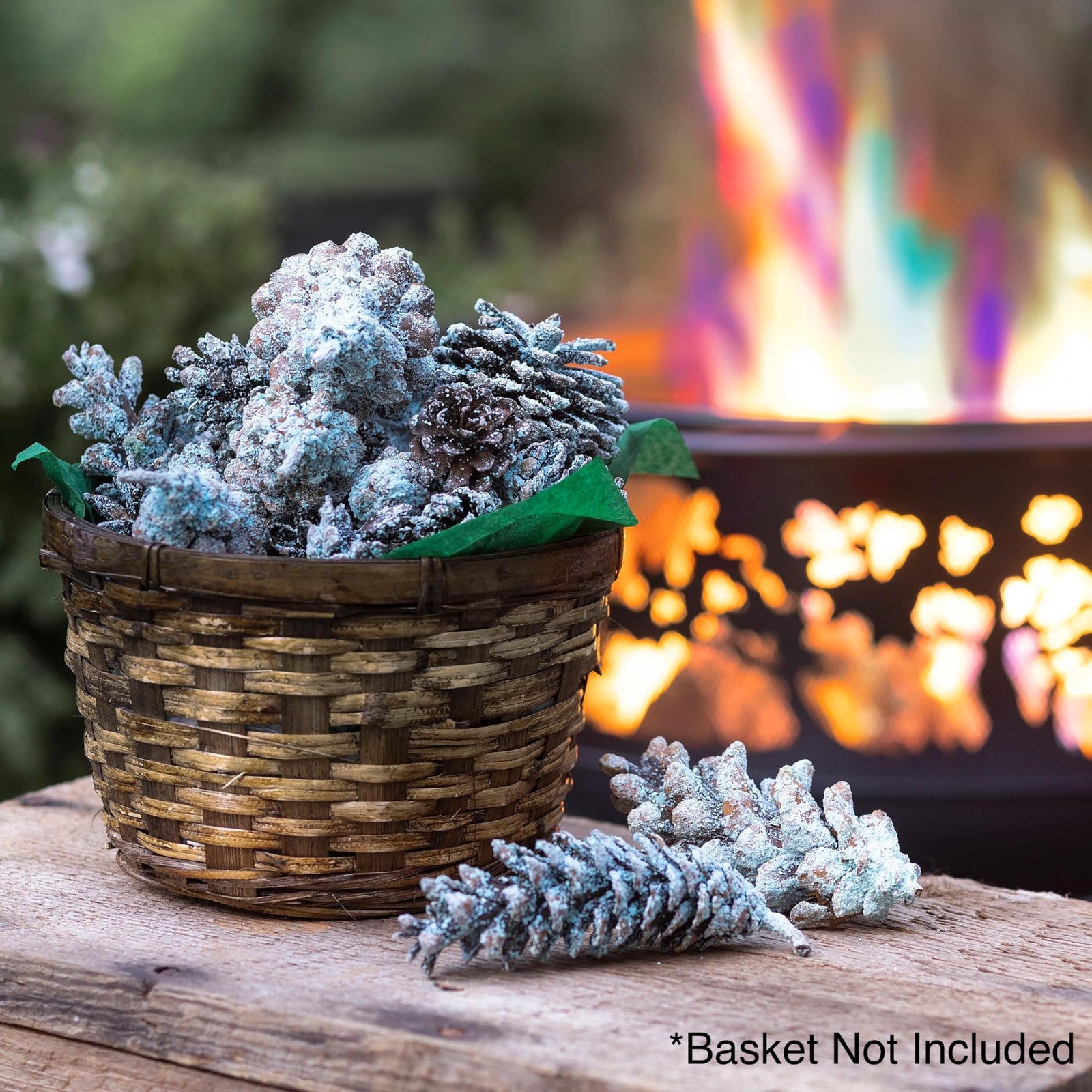 Festive rainbow-colored firepit pine cones from Plow & Hearth with colorful flame-changing effects for cozy outdoor fires.